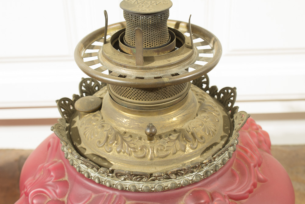 Antique Matthews and Willard Red Satin Glass Oil Lamp