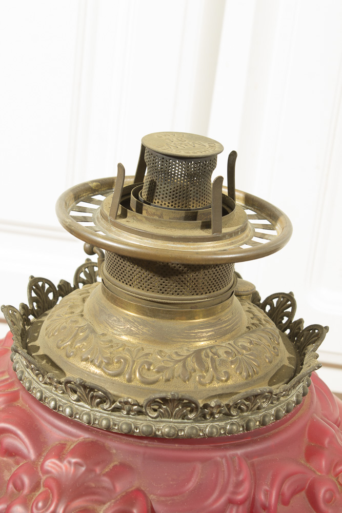 Antique Matthews and Willard Red Satin Glass Oil Lamp