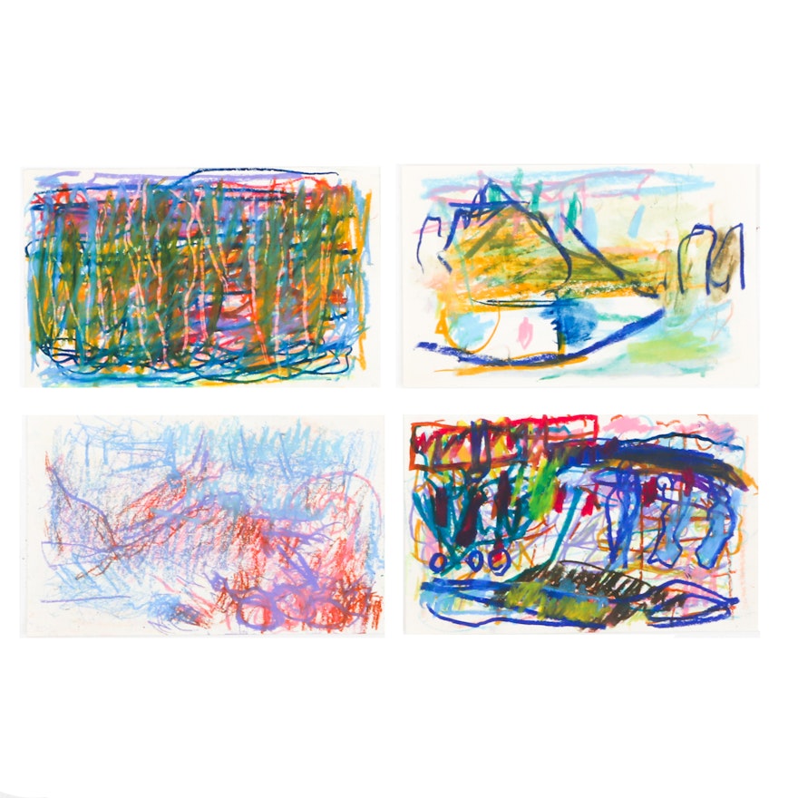 Four Paul Chidlaw Original Abstract Oil Pastel Drawings on Paper