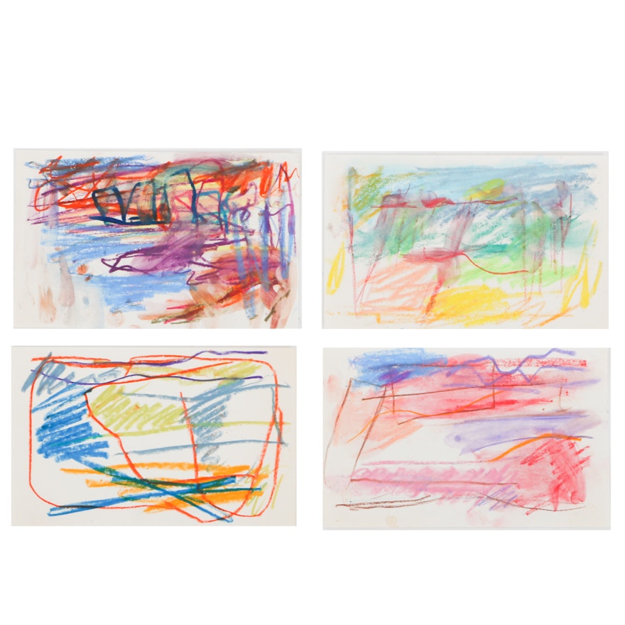 Four Paul Chidlaw Original Abstract Oil Pastel Drawings on Paper