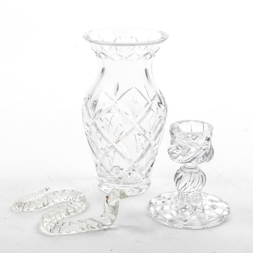 Waterford Crystal Vase and Glass Snake Paperweight and Candlestick