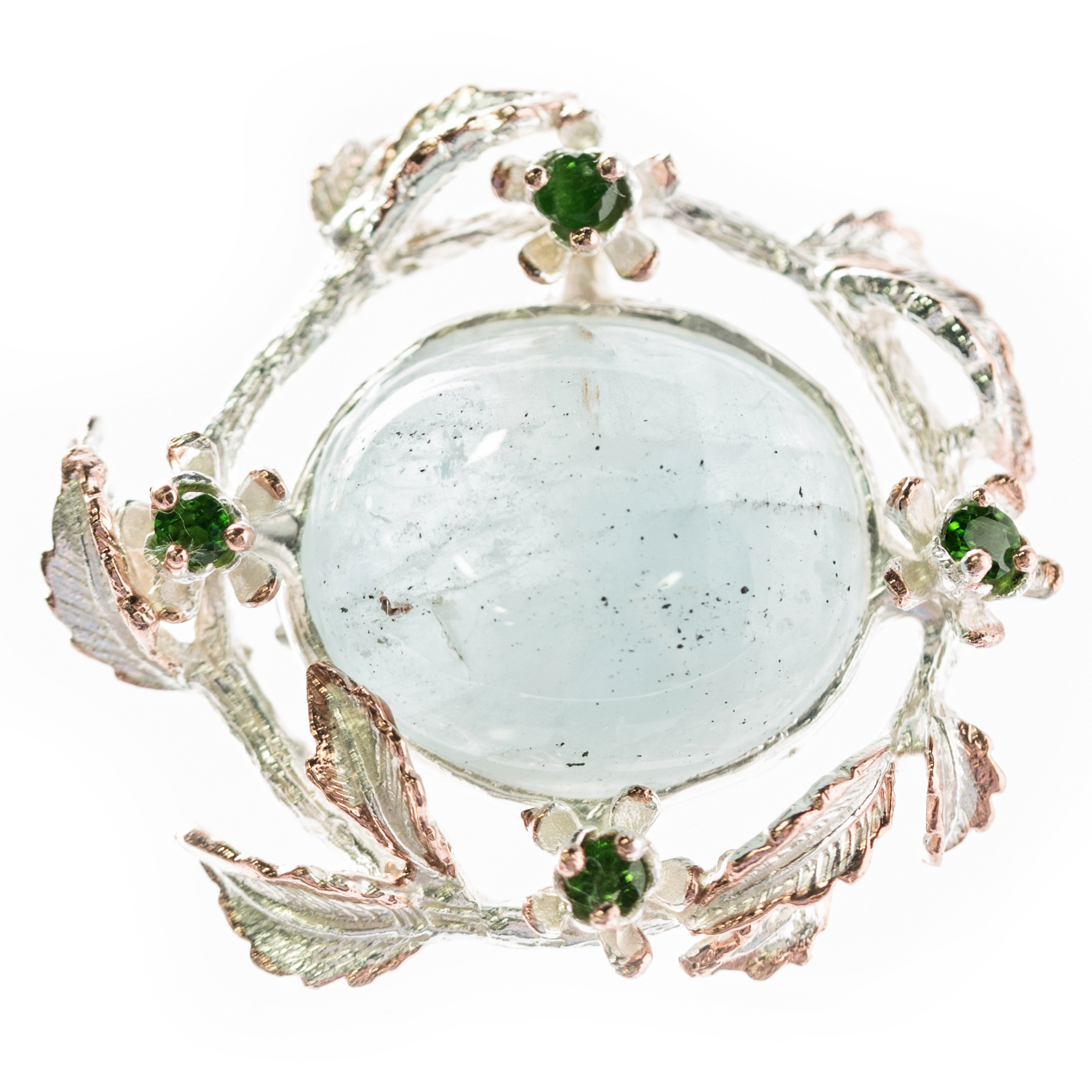 Sterling Silver, 30.55 CT Aquamarine, and Chrome Diopside Leaf Frame Brooch