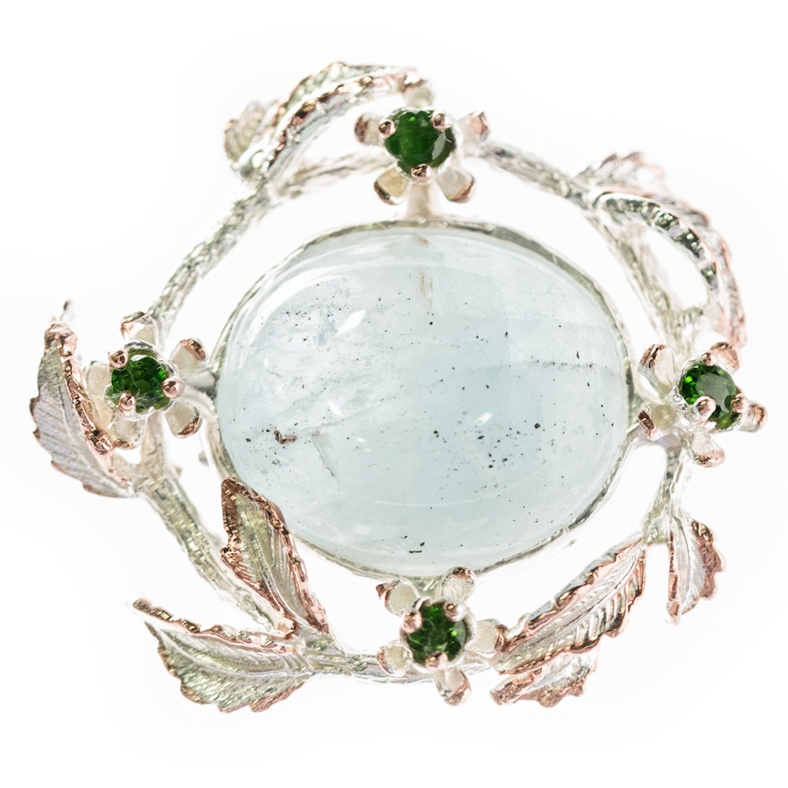 Sterling Silver, 30.55 CT Aquamarine, and Chrome Diopside Leaf Frame Brooch