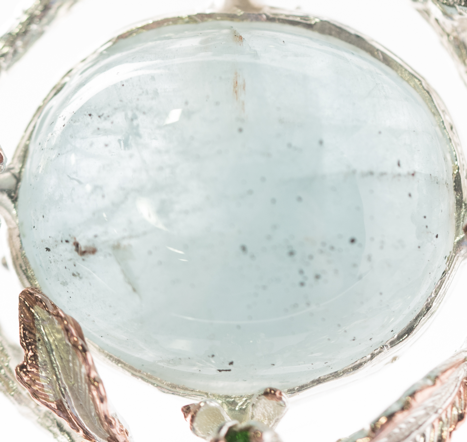 Sterling Silver, 30.55 CT Aquamarine, and Chrome Diopside Leaf Frame Brooch