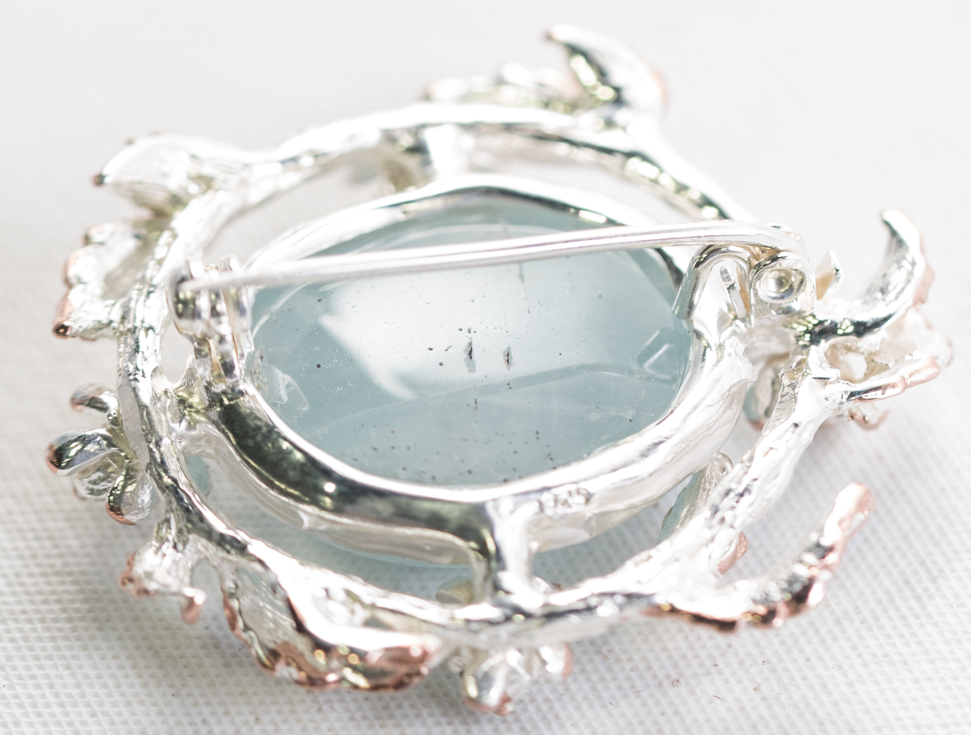 Sterling Silver, 30.55 CT Aquamarine, and Chrome Diopside Leaf Frame Brooch