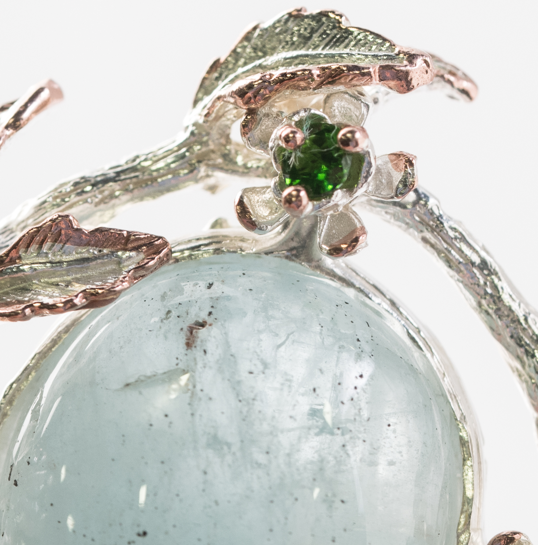 Sterling Silver, 30.55 CT Aquamarine, and Chrome Diopside Leaf Frame Brooch