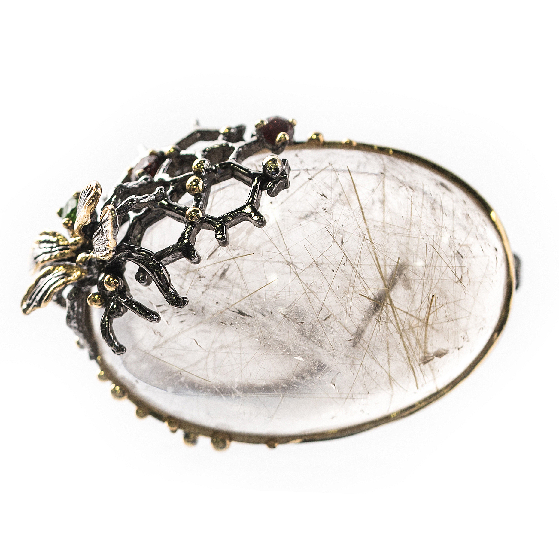 Sterling Silver, 46.60 CT Rutilated Quartz, Peridot, and Garnet Bee Brooch