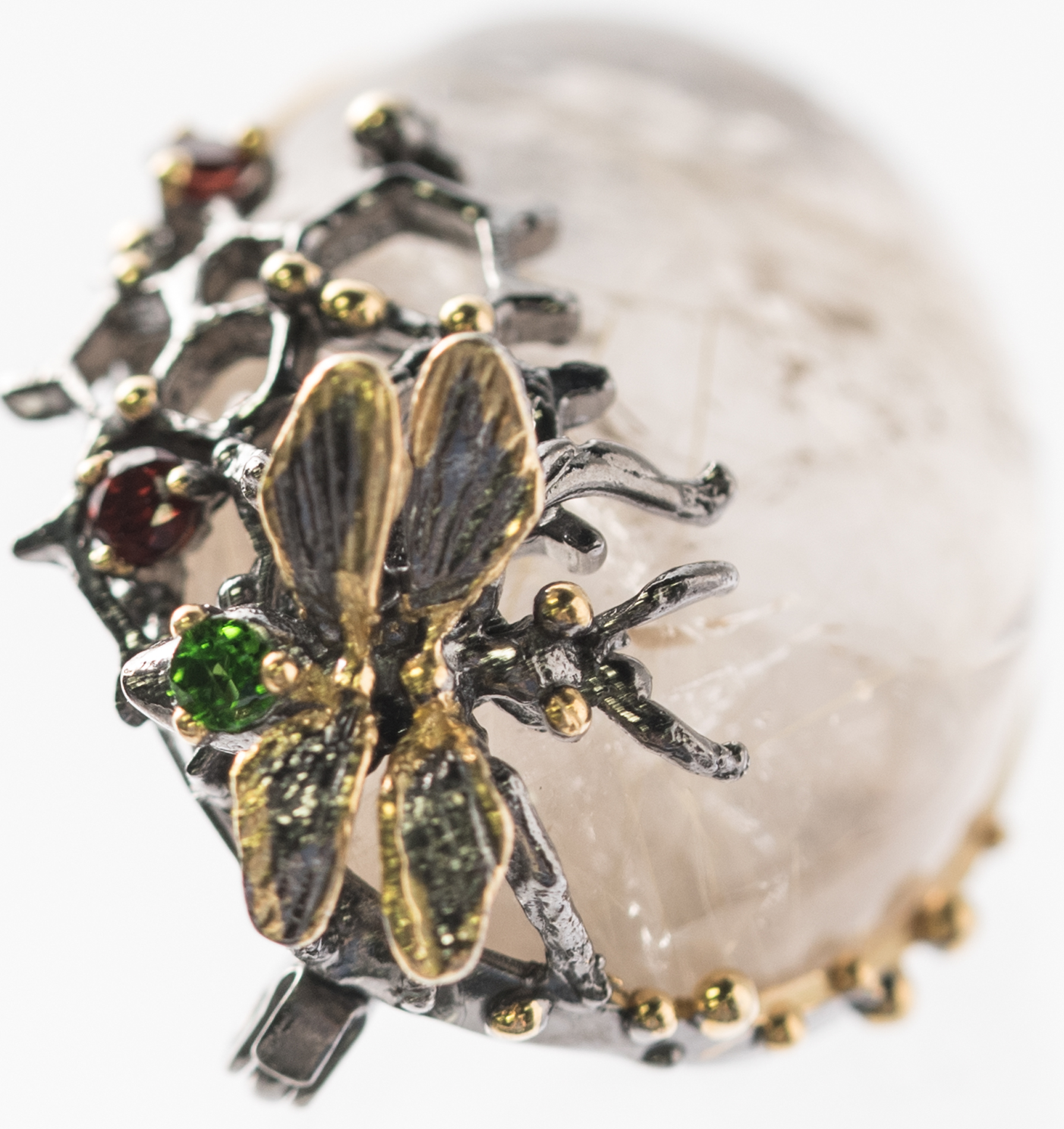 Sterling Silver, 46.60 CT Rutilated Quartz, Peridot, and Garnet Bee Brooch