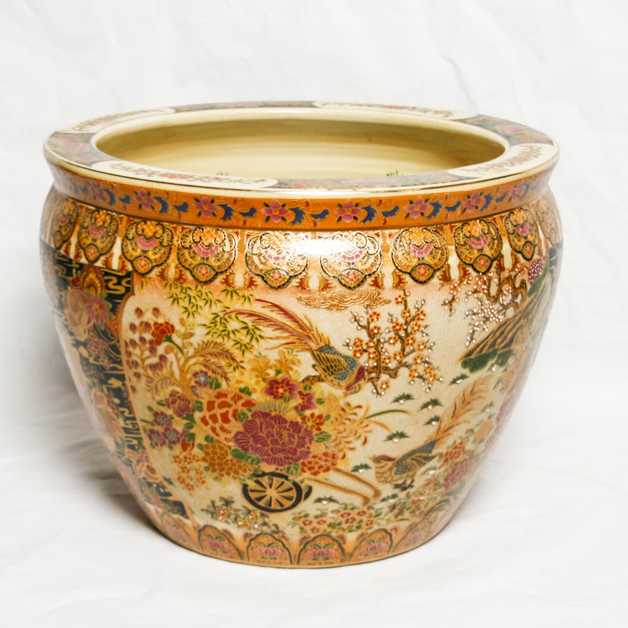 Chinese Satsuma Style Floral "Fishbowl" Porcelain Planter with Gilt Trim