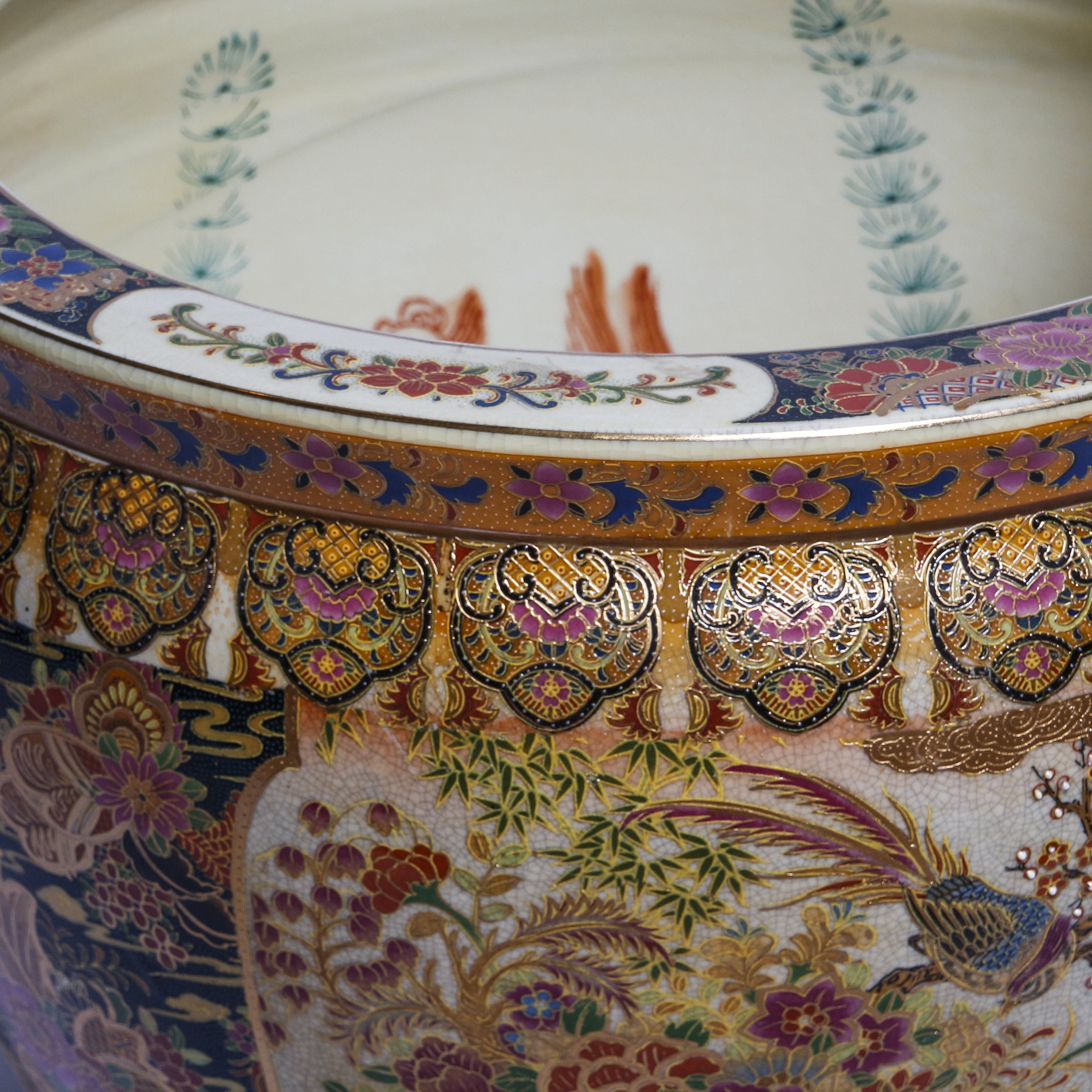 Chinese Satsuma Style Floral "Fishbowl" Porcelain Planter with Gilt Trim