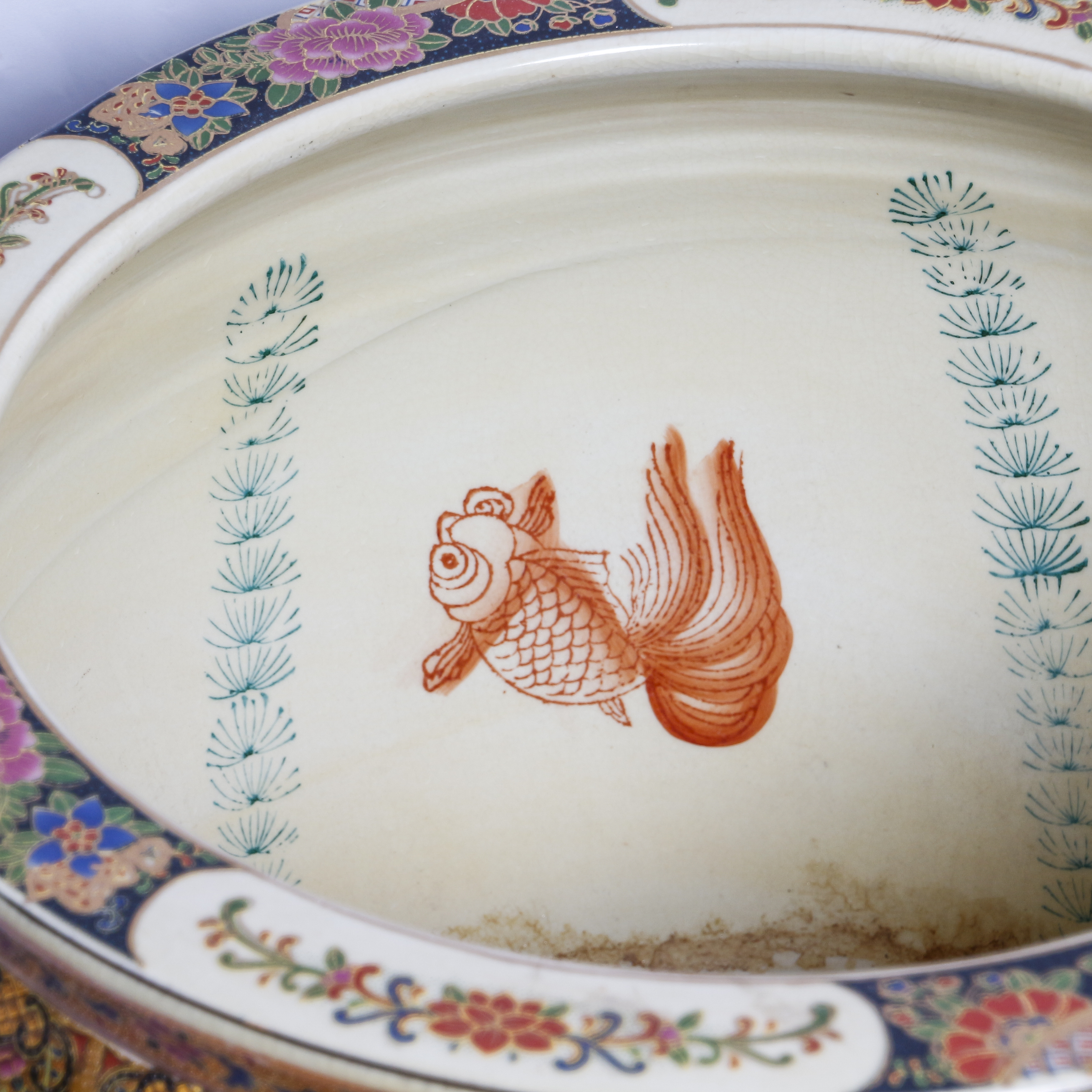 Chinese Satsuma Style Floral "Fishbowl" Porcelain Planter with Gilt Trim