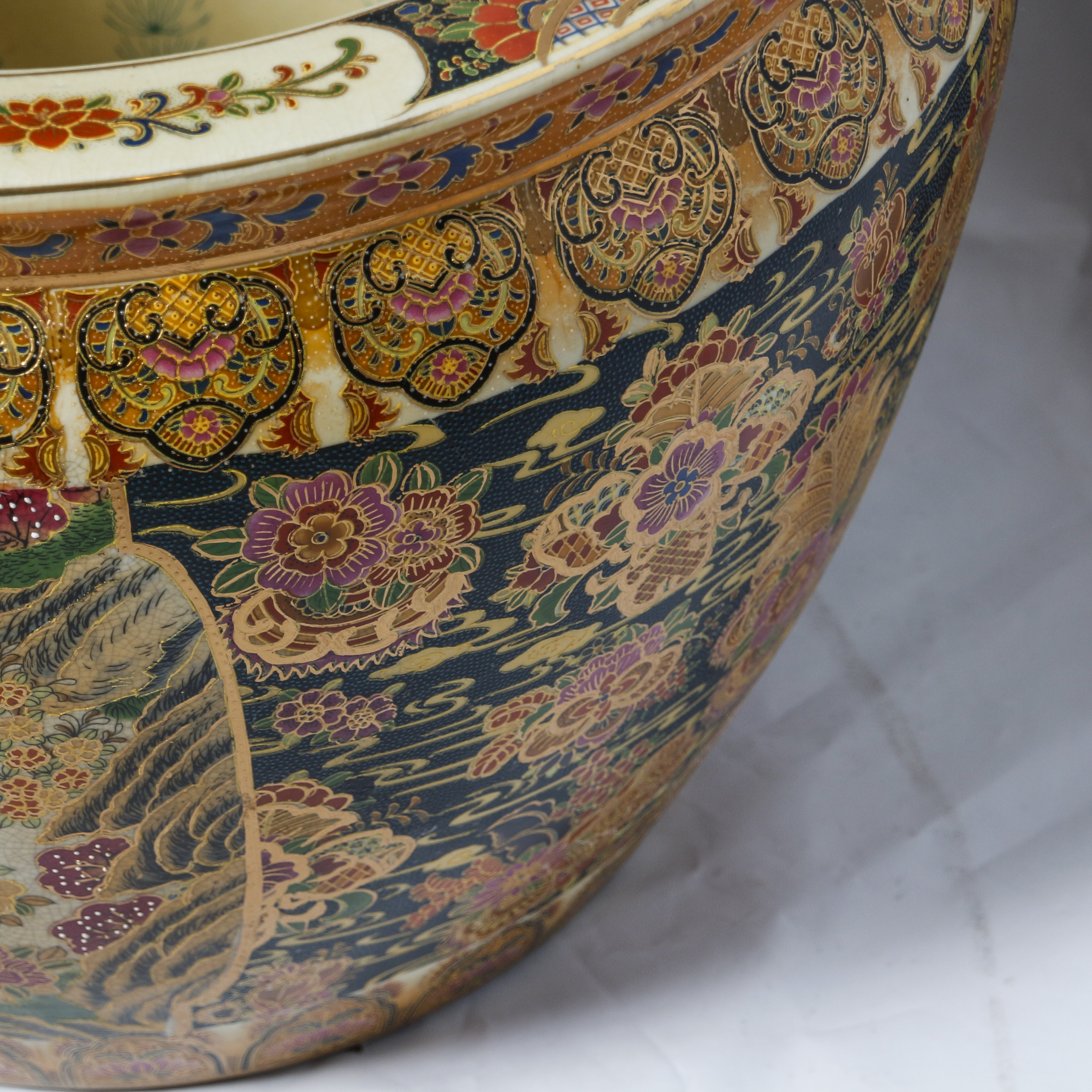 Chinese Satsuma Style Floral "Fishbowl" Porcelain Planter with Gilt Trim