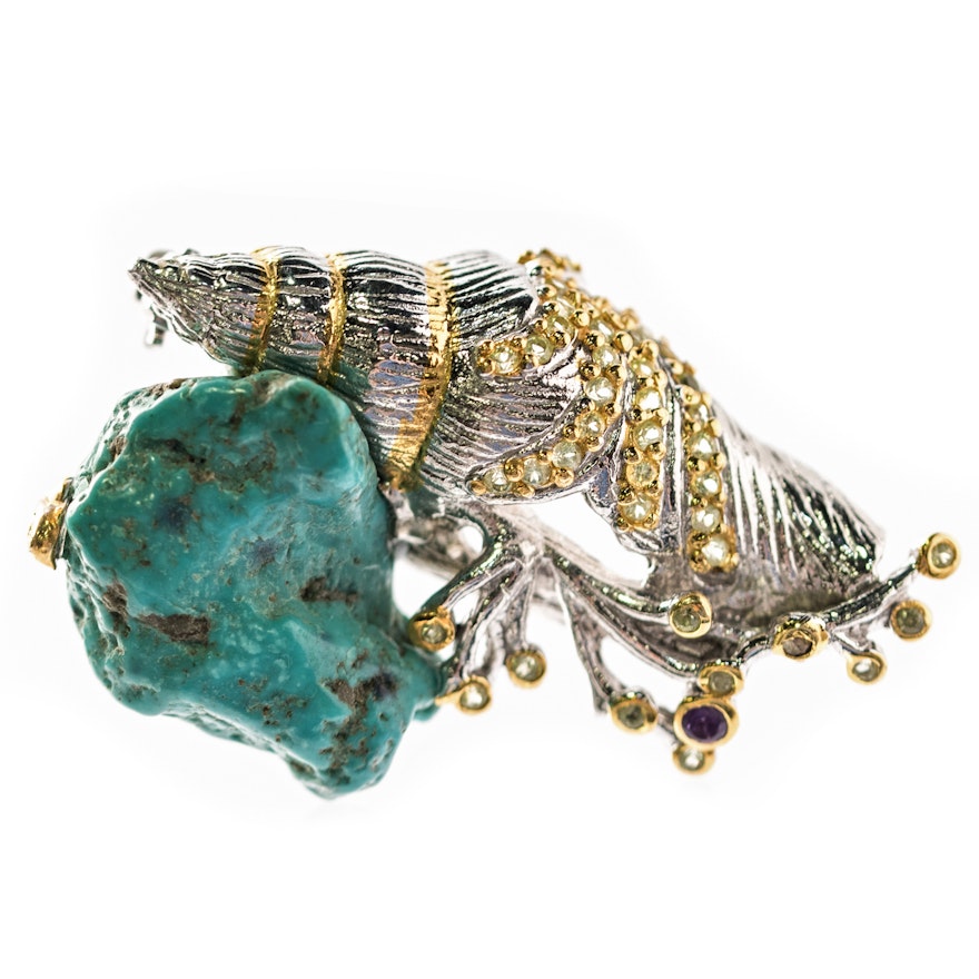 Sterling Silver, Turquoise Nugget, 1.08 CTW Quartz, and Amethyst Shell Brooch