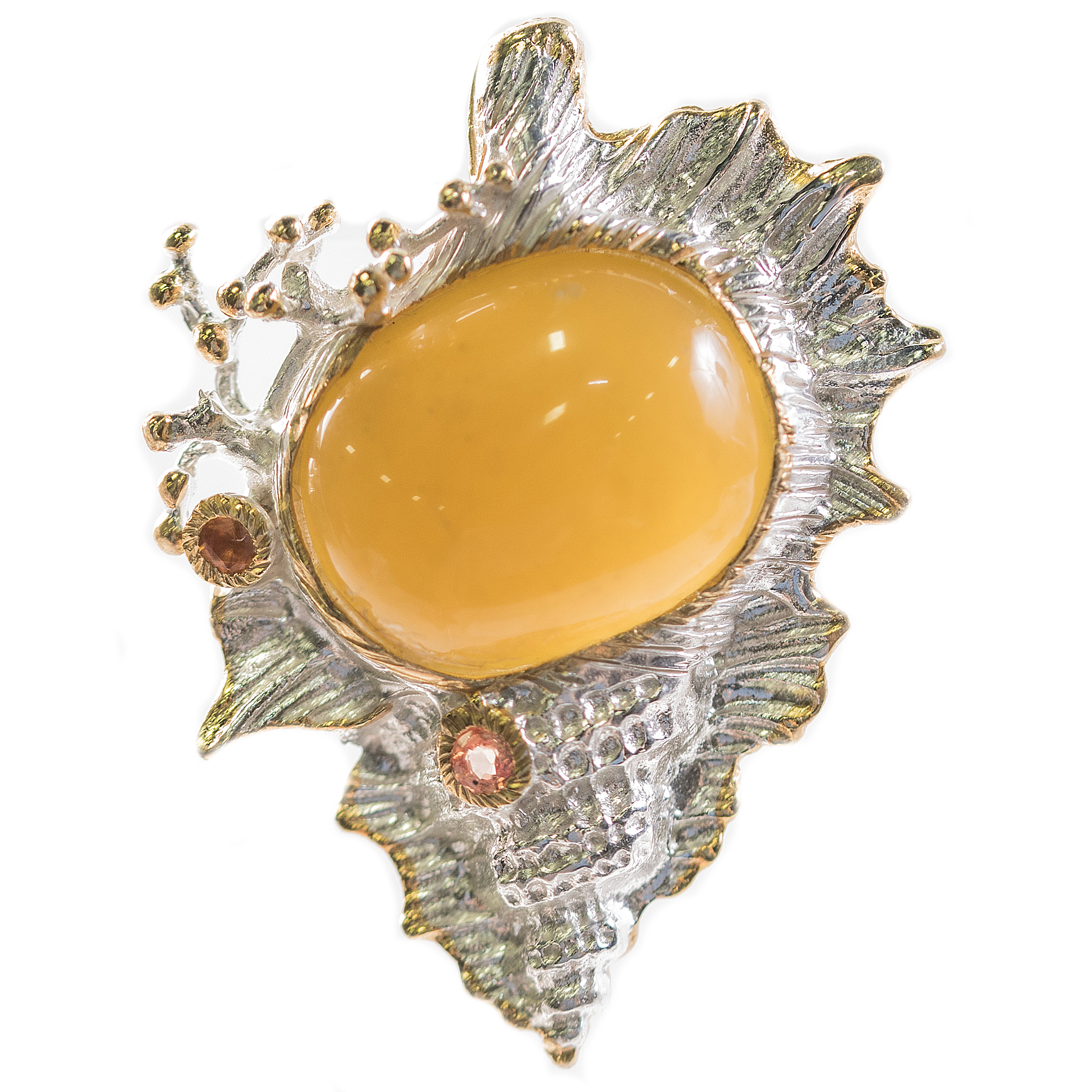 Sterling Silver, 11.90 CT Moss Opal, and Sapphire Shell Brooch