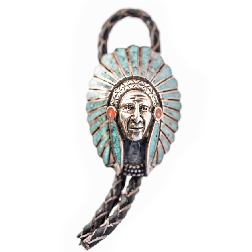 Sterling Silver, Turquoise, and Coral Indian Head Bolo Slide