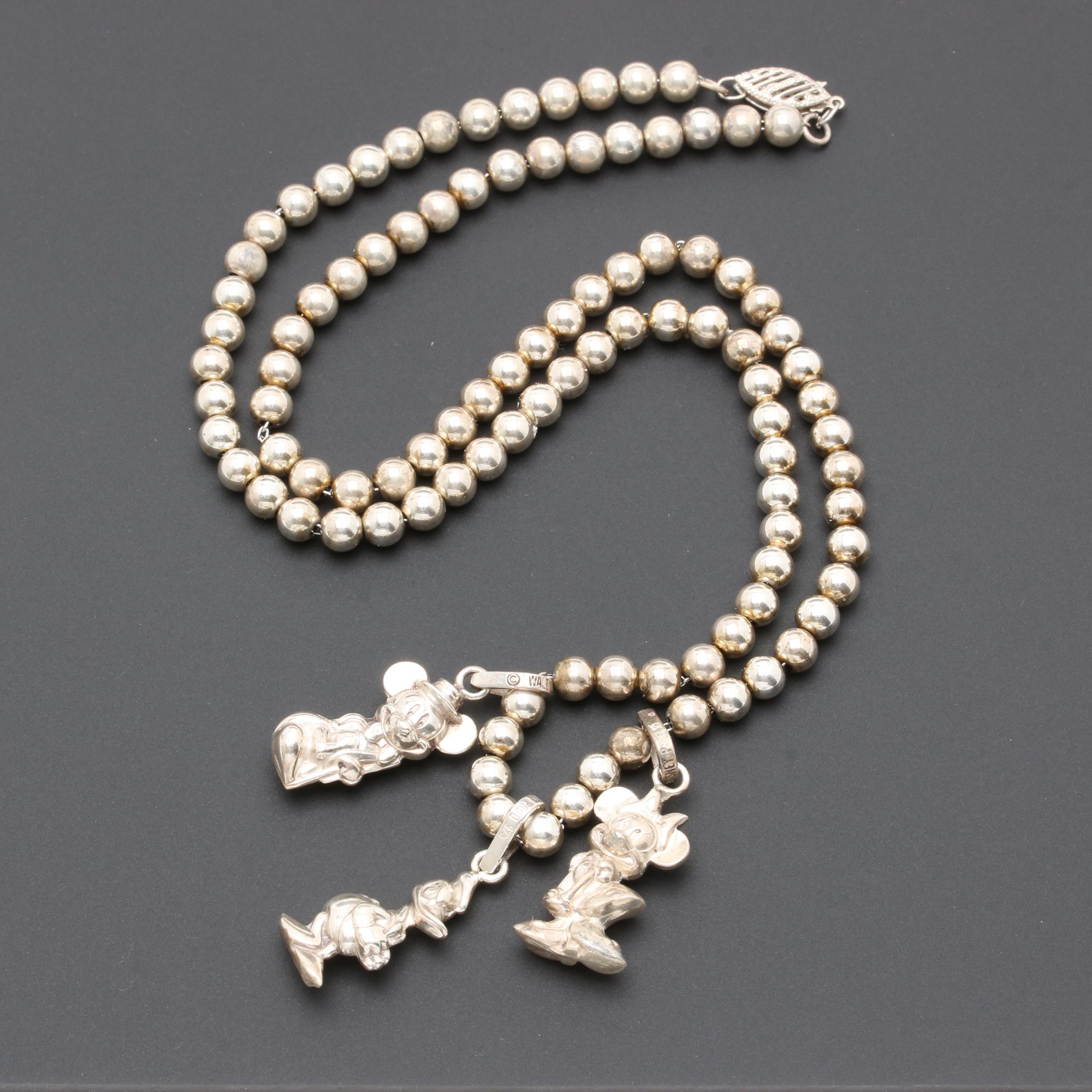 Sterling Silver Beaded Necklace With Disney Charms