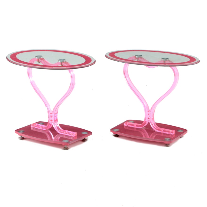 Pair of Pink Acrylic and Oval Glass Occasional Tables