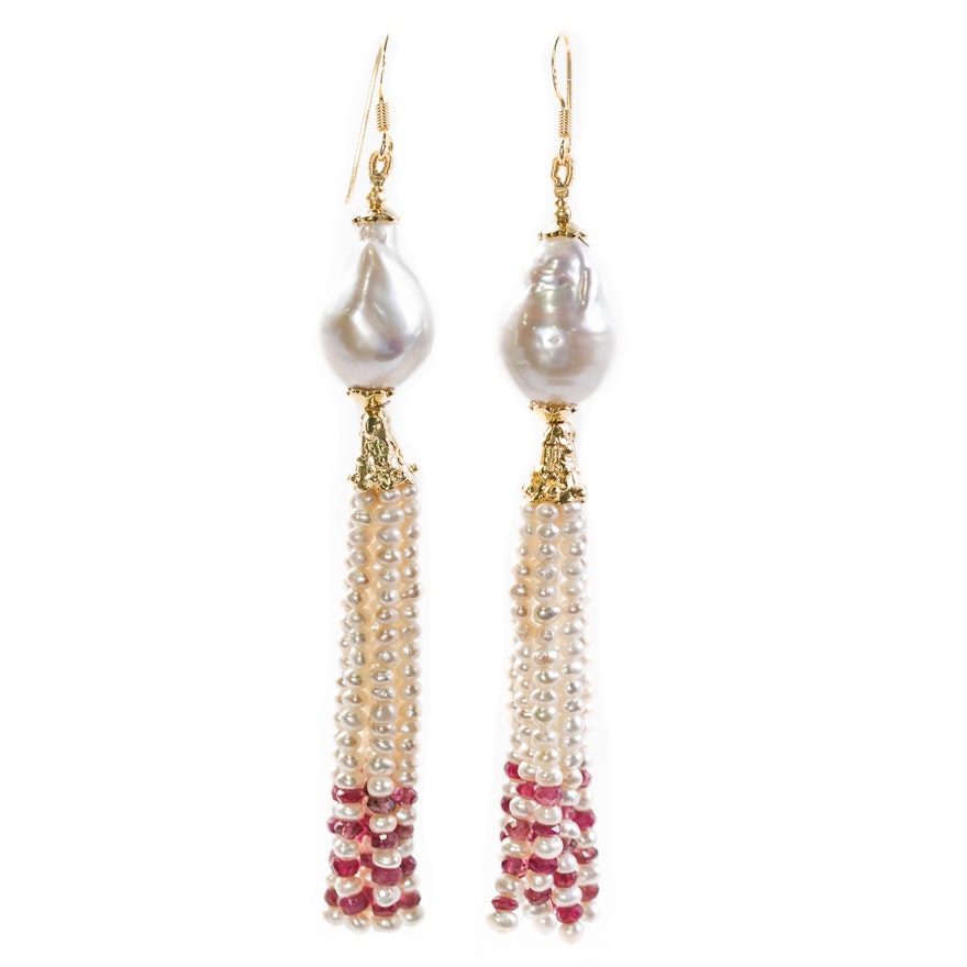 Sterling Silver Freshwater Pearl and Ruby Tassel Drop Earrings