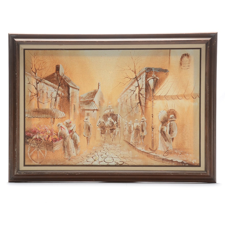 Mid-Century Signed Impasto Oil on Canvas Street Scene