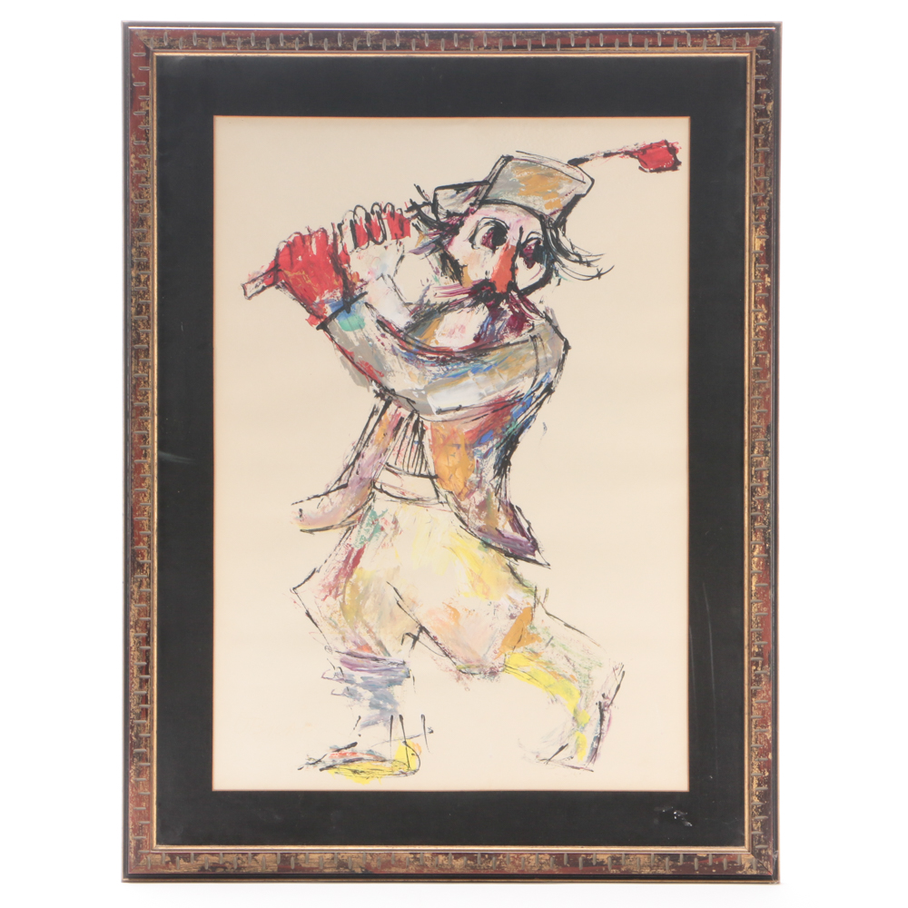 O'Brian Acrylic Painting on Paper of Golfer