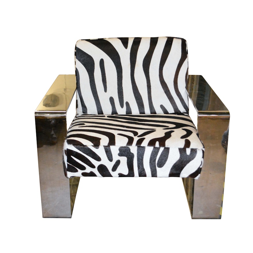 Silver Metal Cantilever Lounge Chair with Zebra Print Upholstery