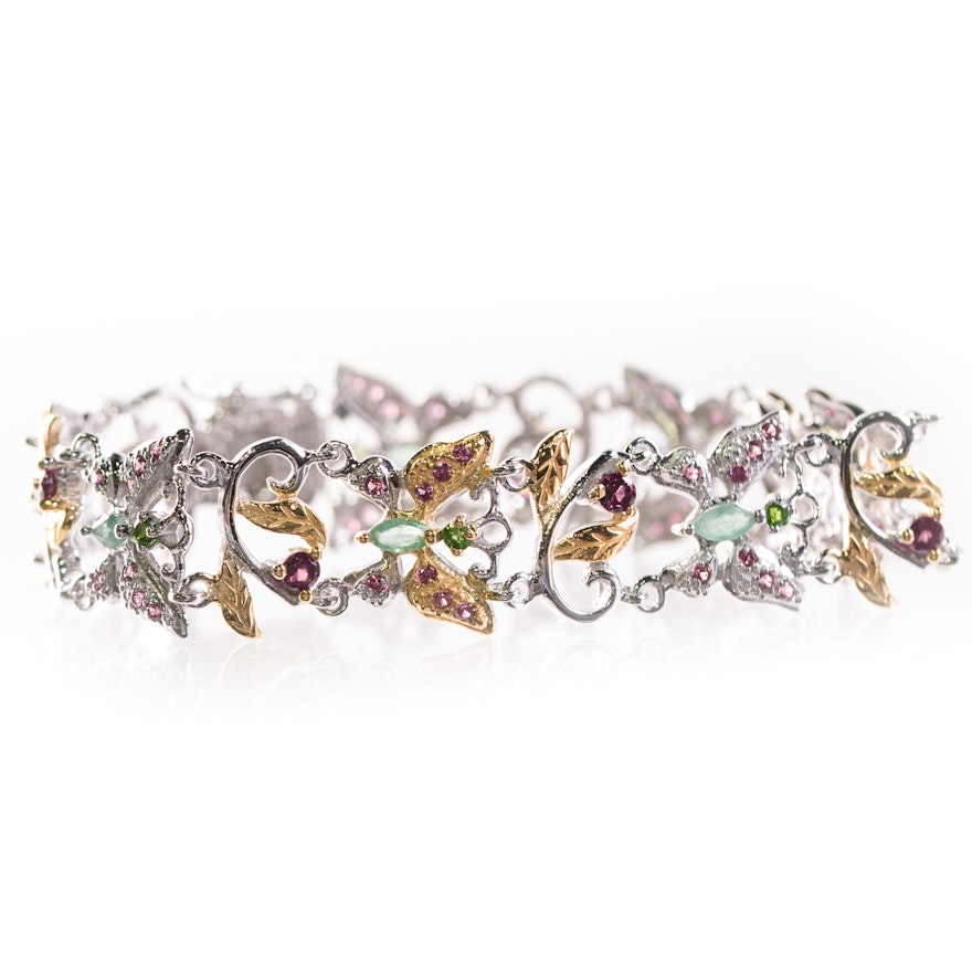 Sterling Silver, 2.50 CTW Garnet, and Multi Gemstone Butterfly Bracelet