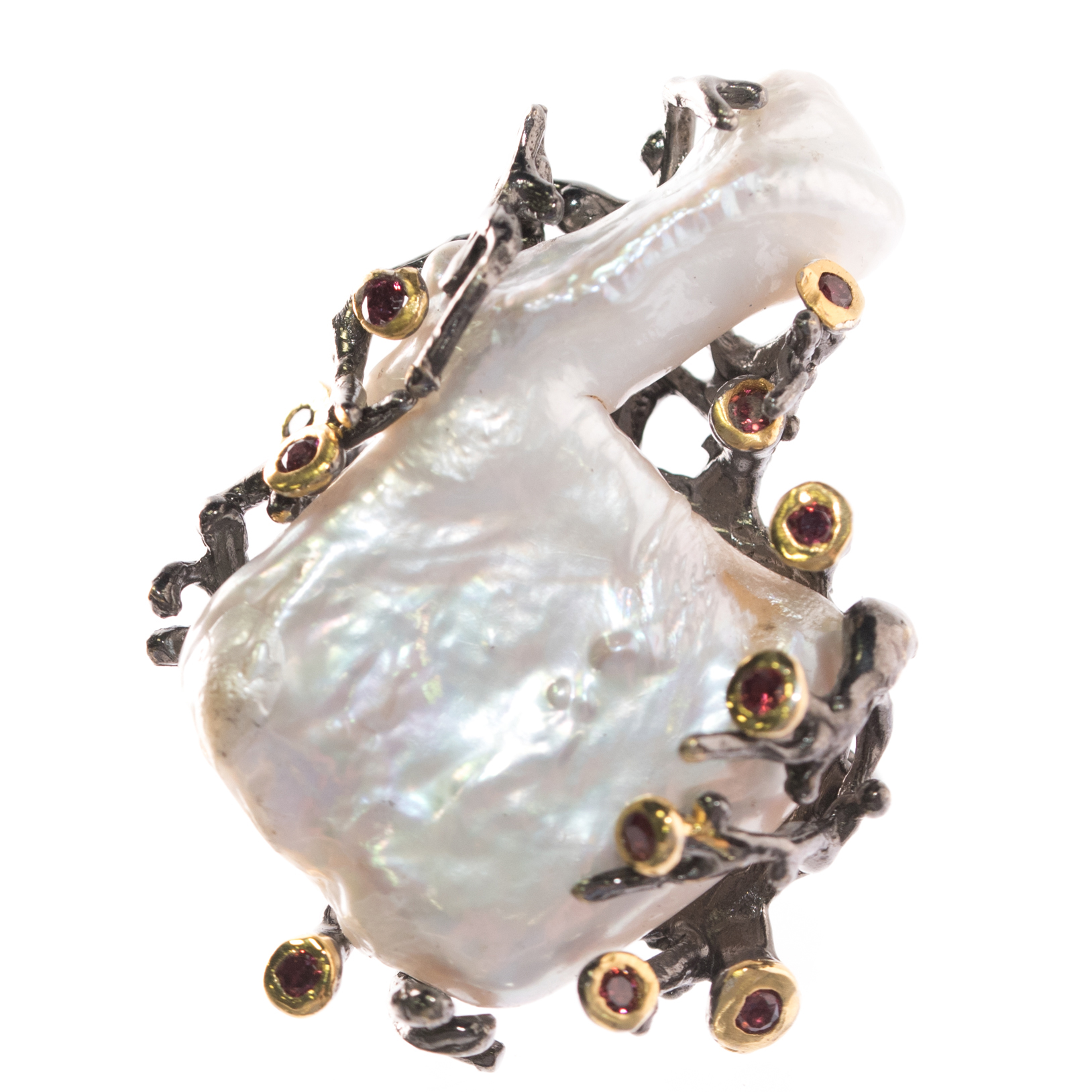 Oxidized Sterling Silver, Freshwater Pearl, and Garnet Ring