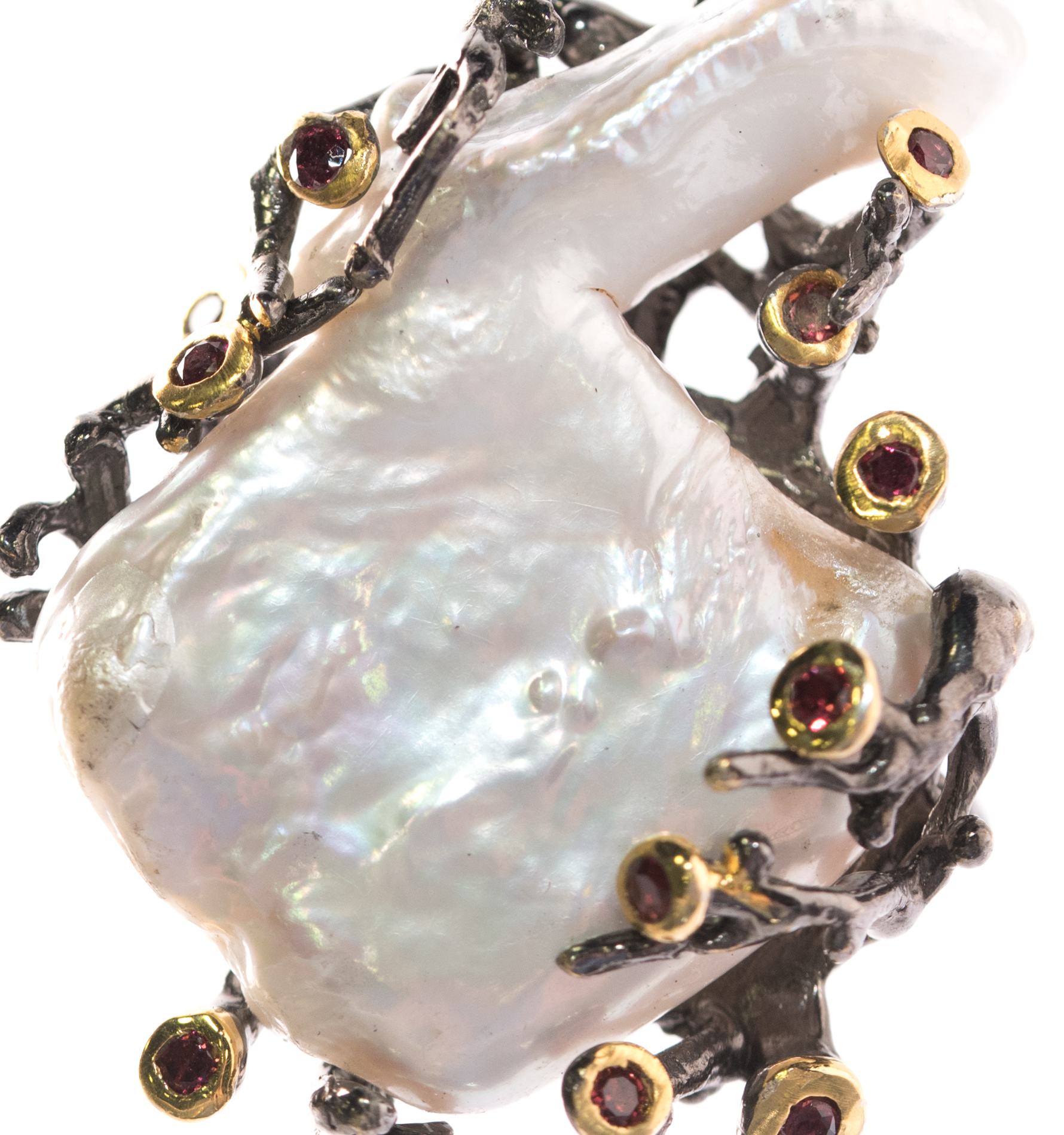 Oxidized Sterling Silver, Freshwater Pearl, and Garnet Ring