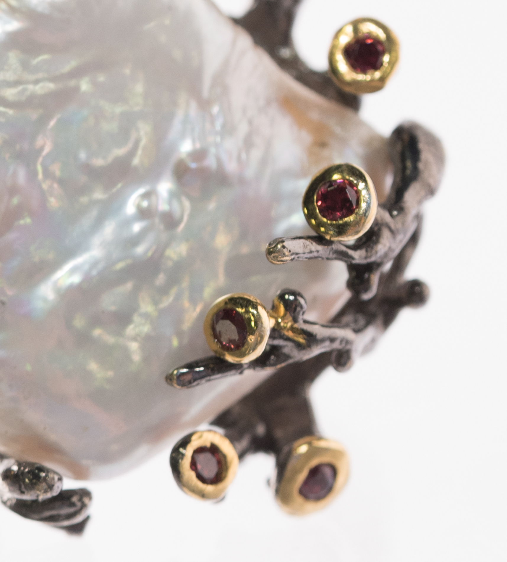 Oxidized Sterling Silver, Freshwater Pearl, and Garnet Ring