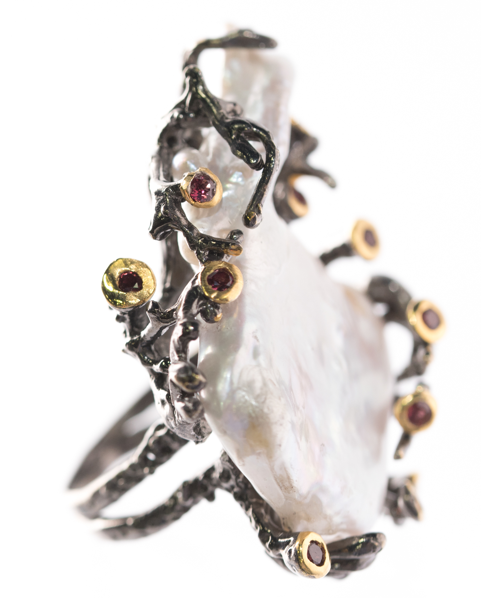 Oxidized Sterling Silver, Freshwater Pearl, and Garnet Ring