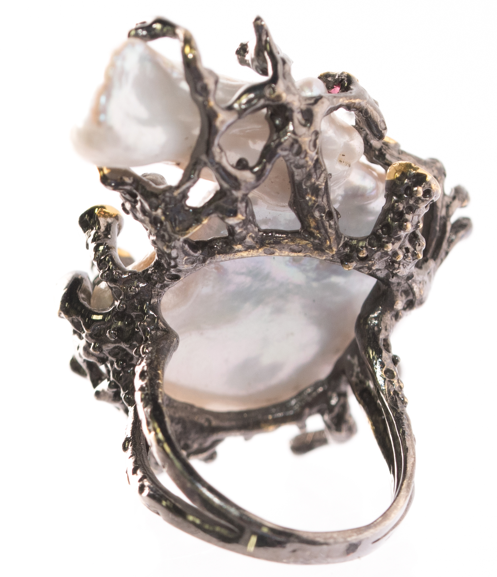 Oxidized Sterling Silver, Freshwater Pearl, and Garnet Ring