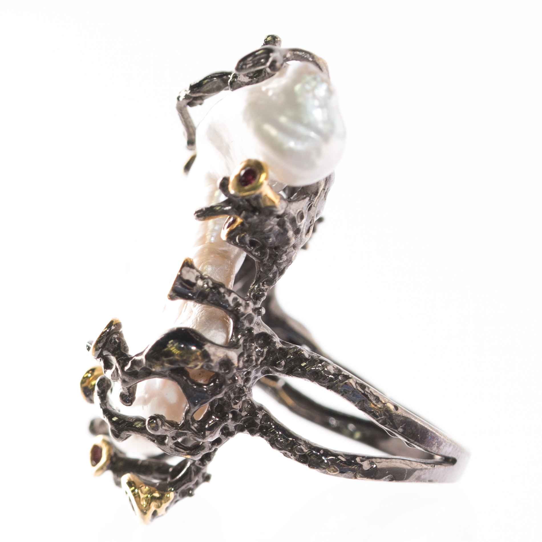 Oxidized Sterling Silver, Freshwater Pearl, and Garnet Ring