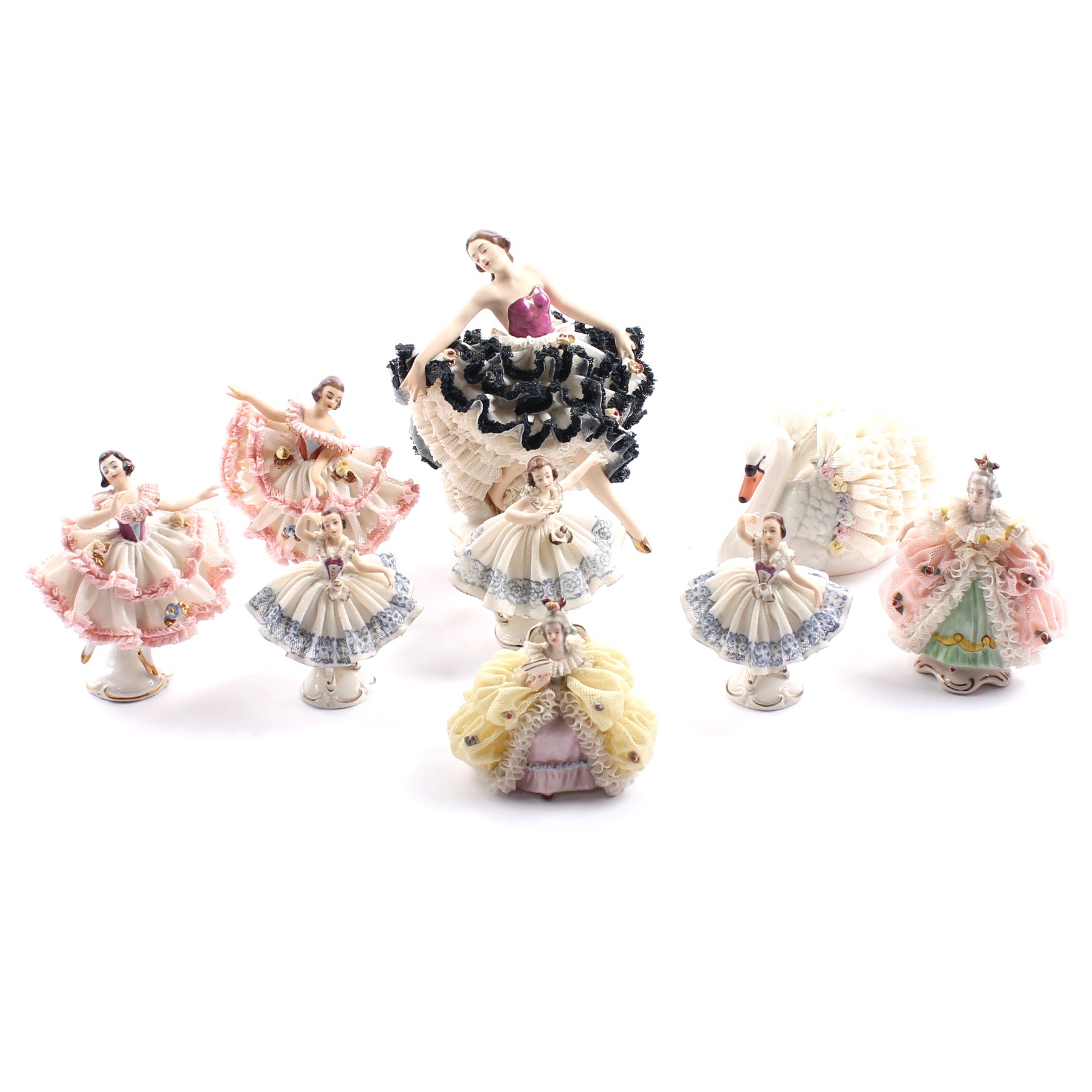 Vintage Dresden Lace Figurines Featuring Muller Volkstedt Irish Lace Swan