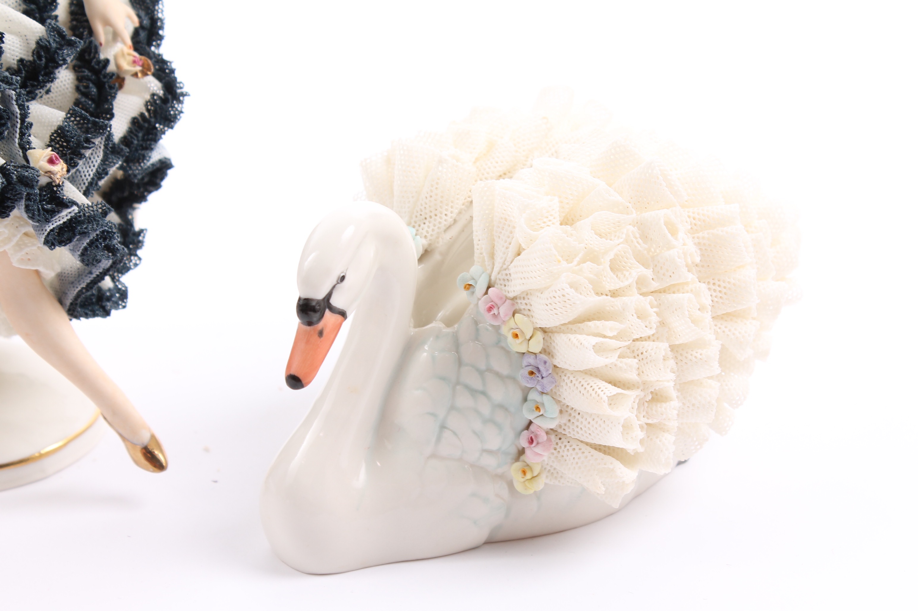 Vintage Dresden Lace Figurines Featuring Muller Volkstedt Irish Lace Swan