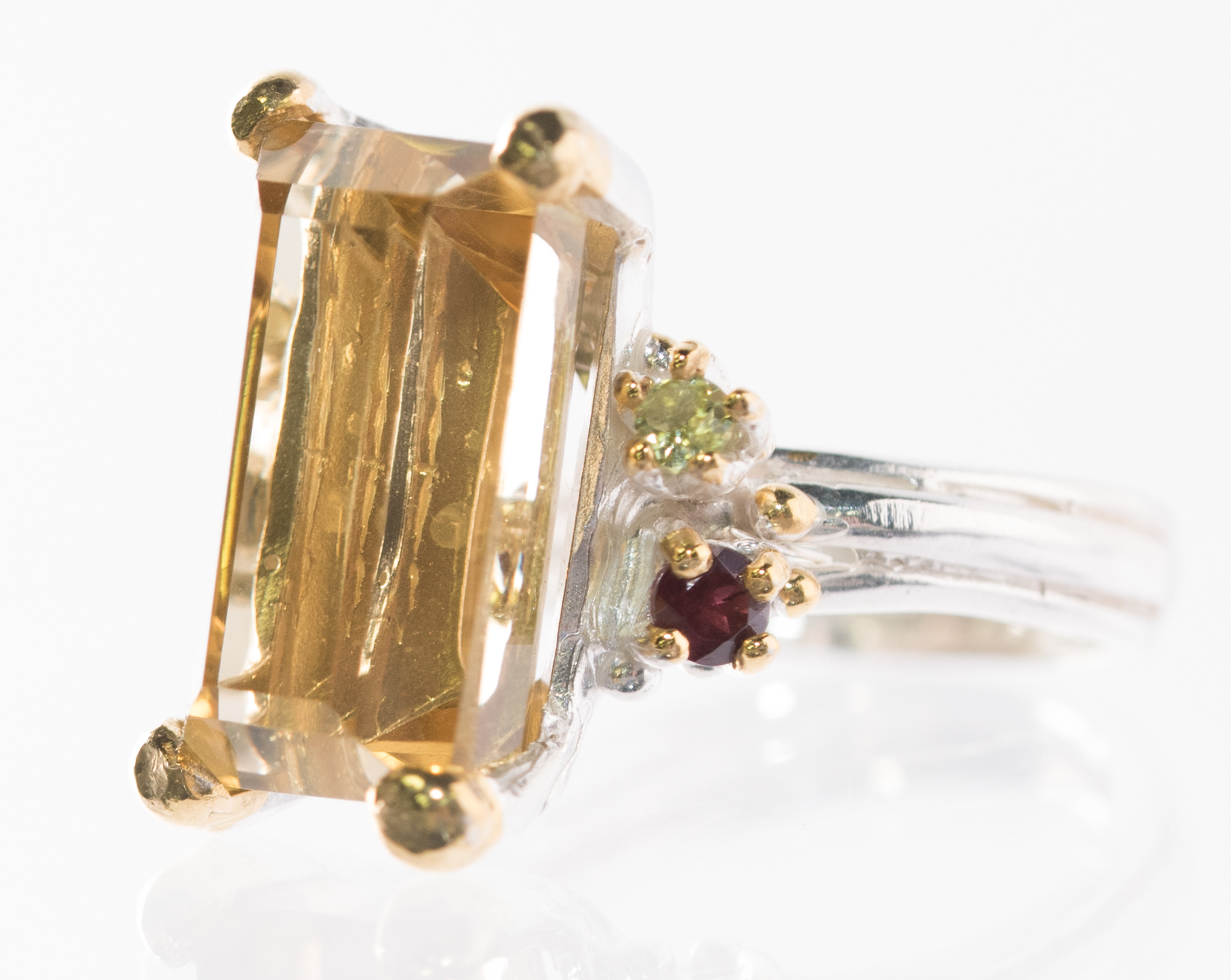 Sterling Silver, 9.25 CT Citrine, Peridot, and Tourmaline Ring