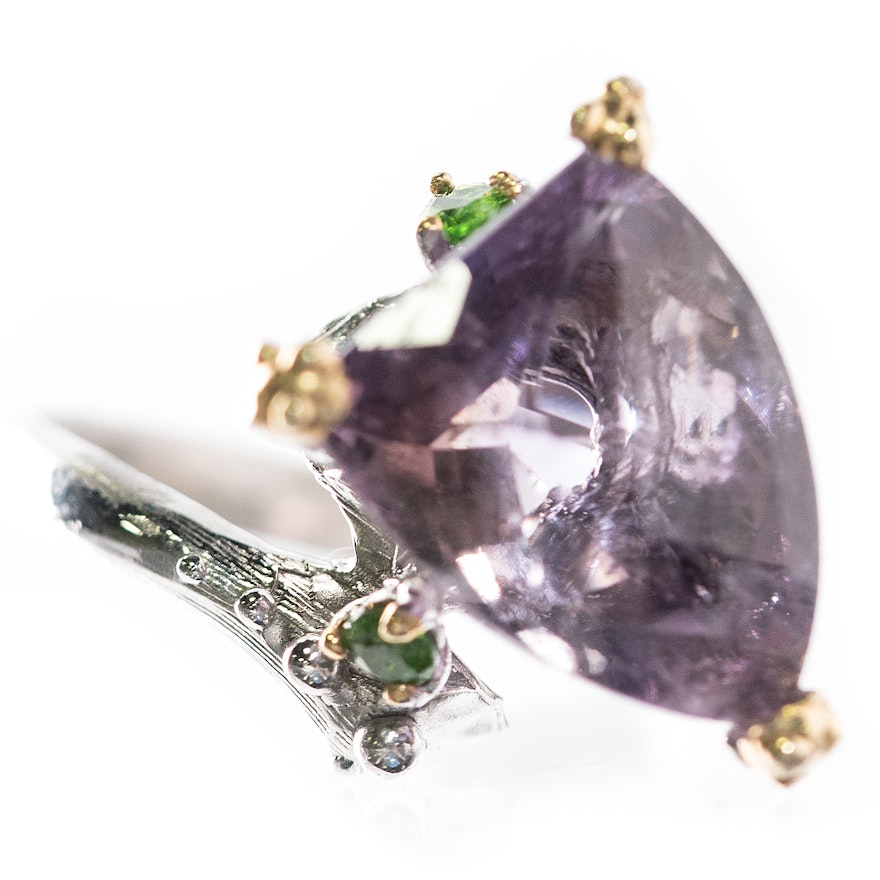 Sterling Silver, 5.85 CT Amethyst, and Chrome Diopside Ring