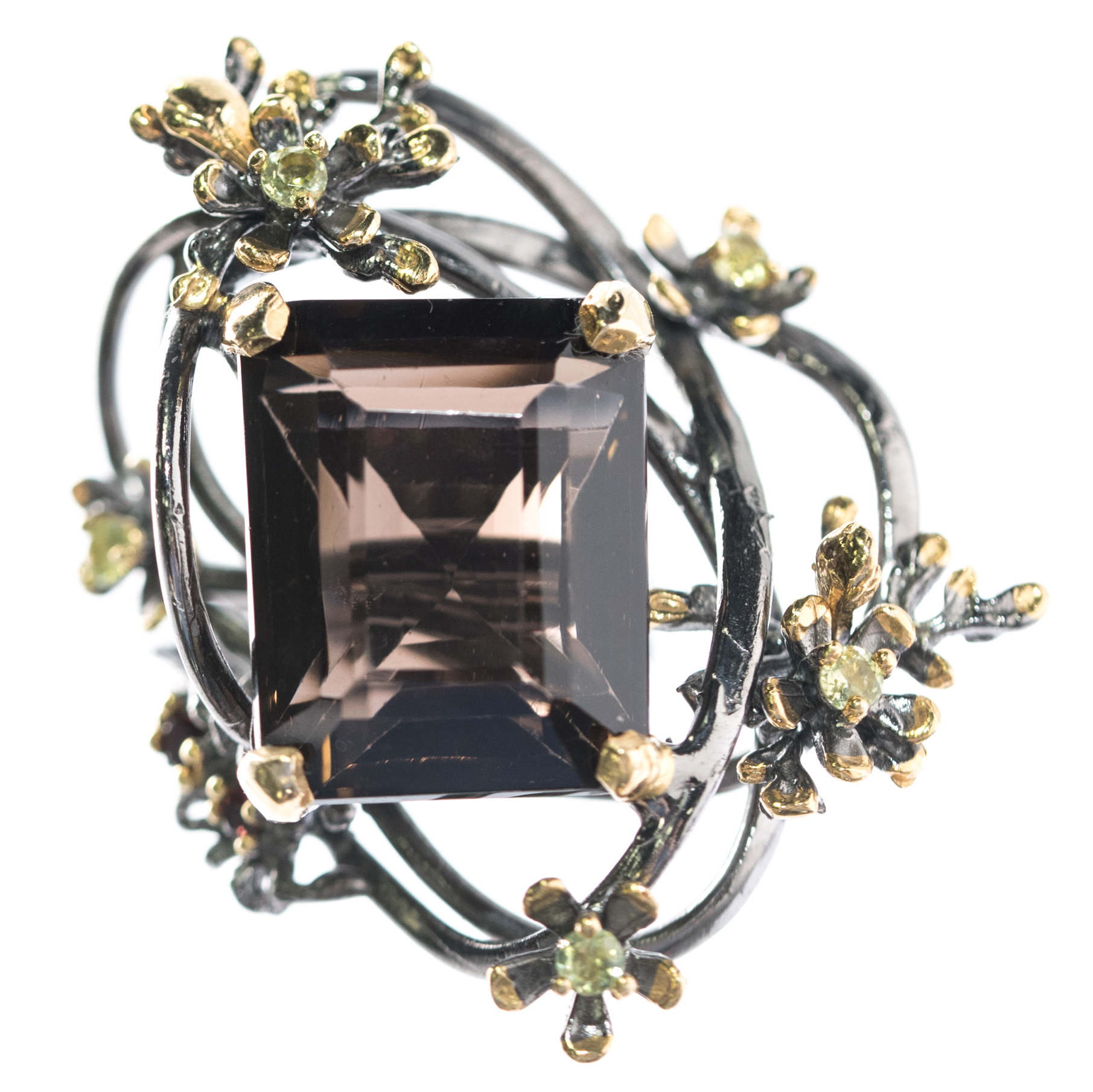 Sterling Silver, 23.85 CT Smoky Quartz, Peridot, and Garnet Ring