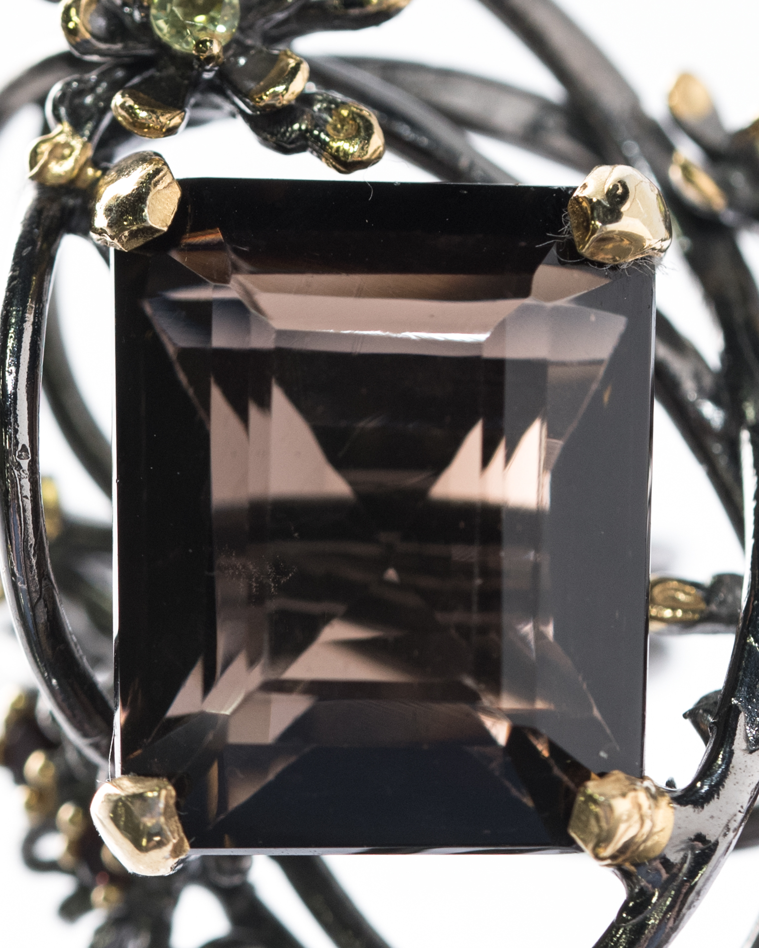 Sterling Silver, 23.85 CT Smoky Quartz, Peridot, and Garnet Ring