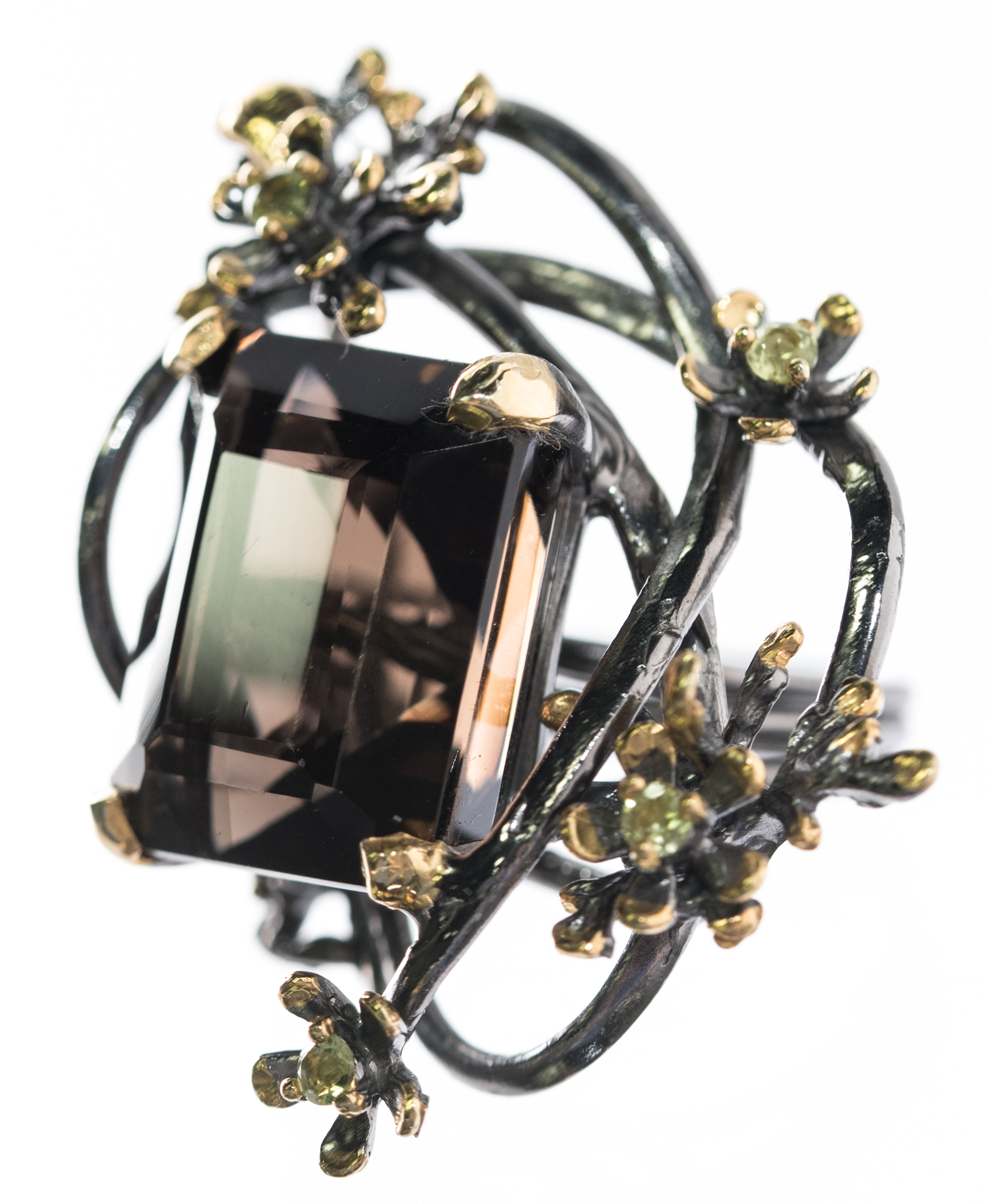 Sterling Silver, 23.85 CT Smoky Quartz, Peridot, and Garnet Ring