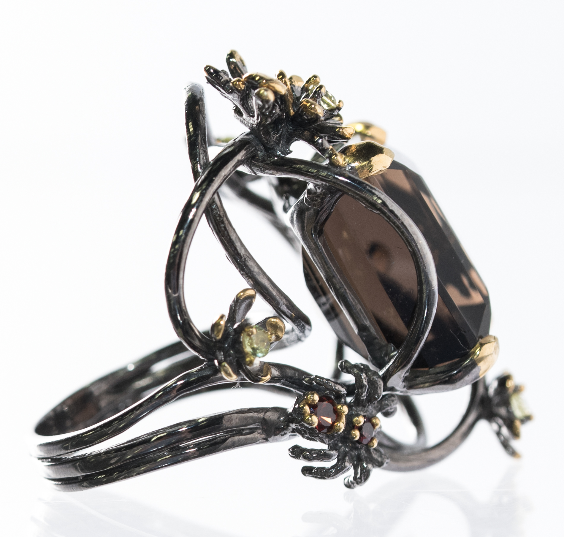 Sterling Silver, 23.85 CT Smoky Quartz, Peridot, and Garnet Ring