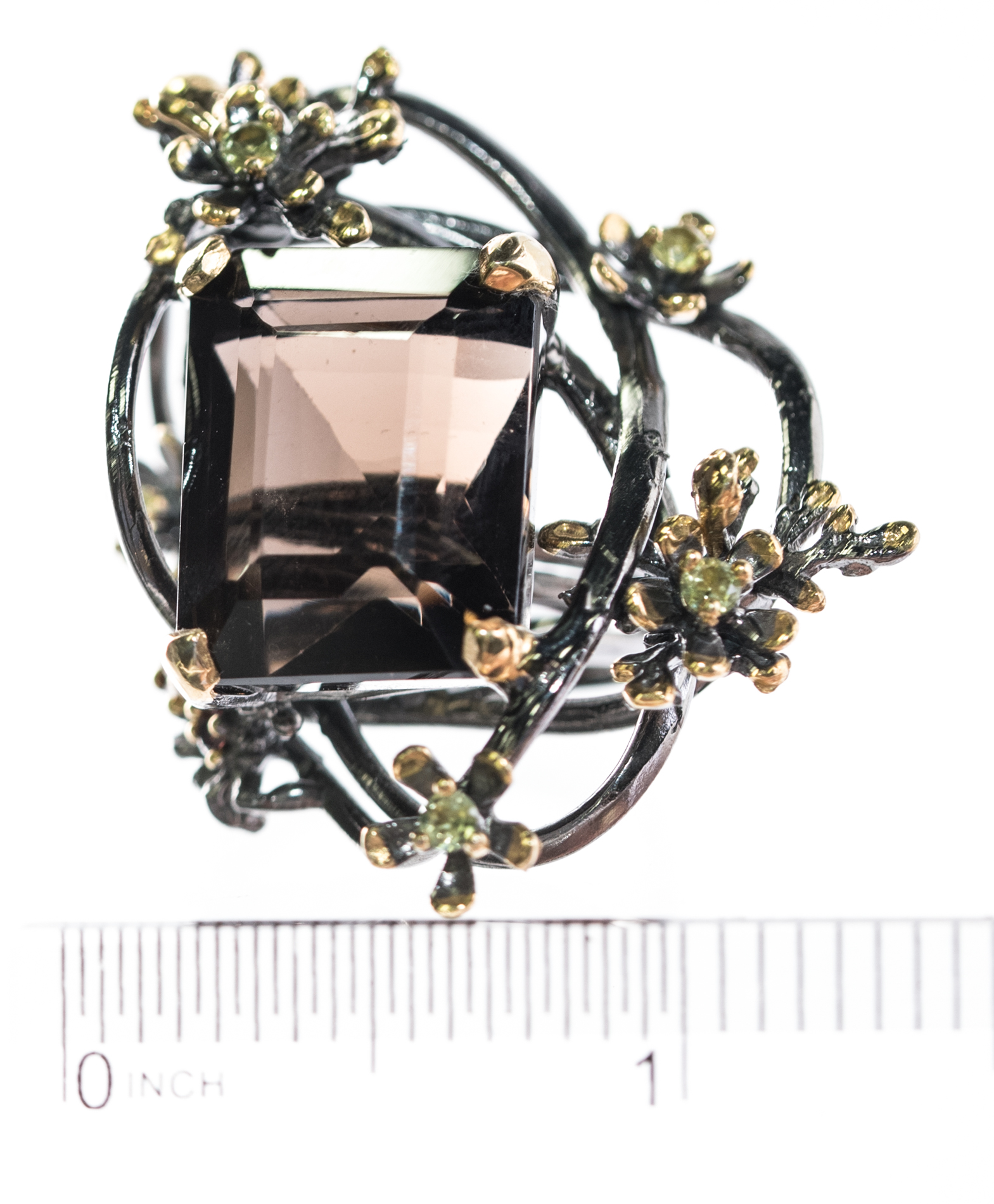 Sterling Silver, 23.85 CT Smoky Quartz, Peridot, and Garnet Ring