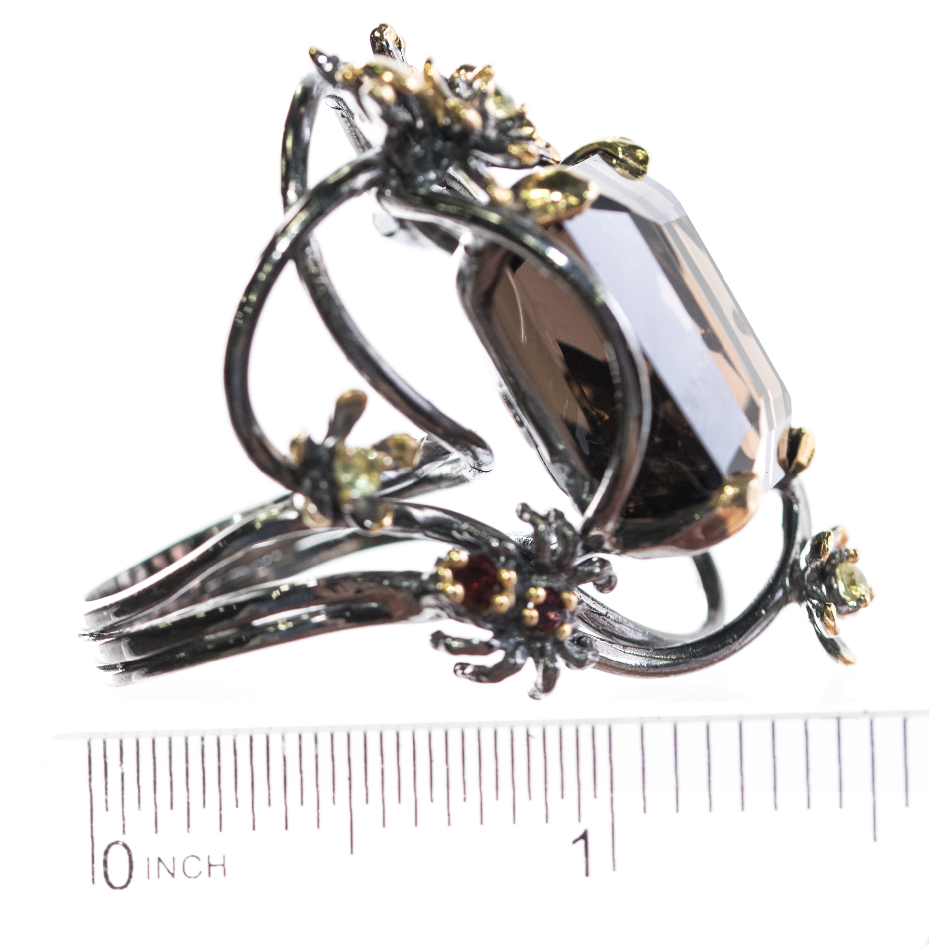Sterling Silver, 23.85 CT Smoky Quartz, Peridot, and Garnet Ring