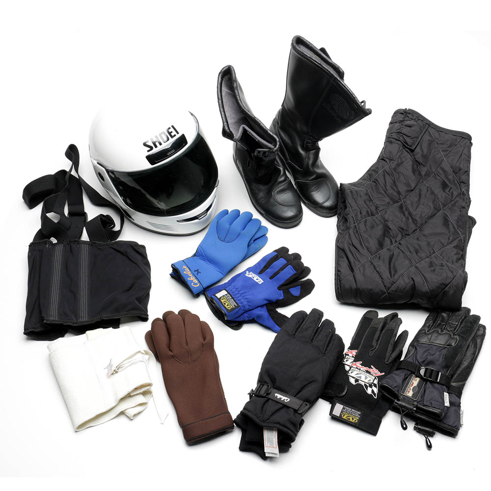 Motorcycle Gear Including Sidi Boots, Shoei Helmet, All Season Pants and Other