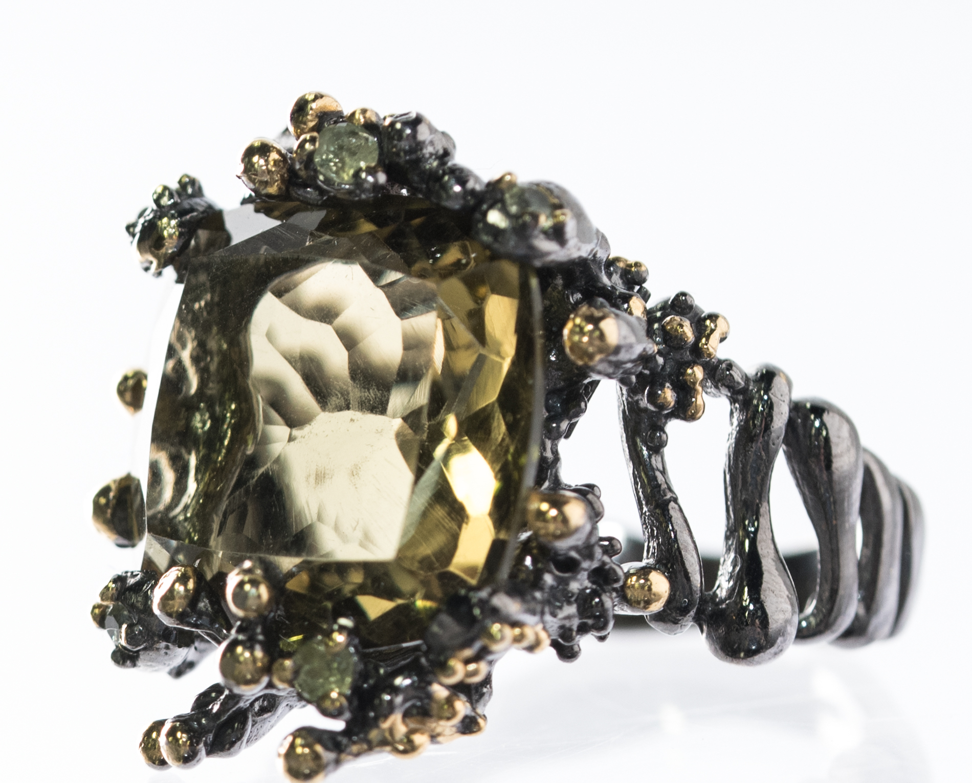 Oxidized Sterling Silver, 8.74 CT Green Quartz, and Peridot Ring