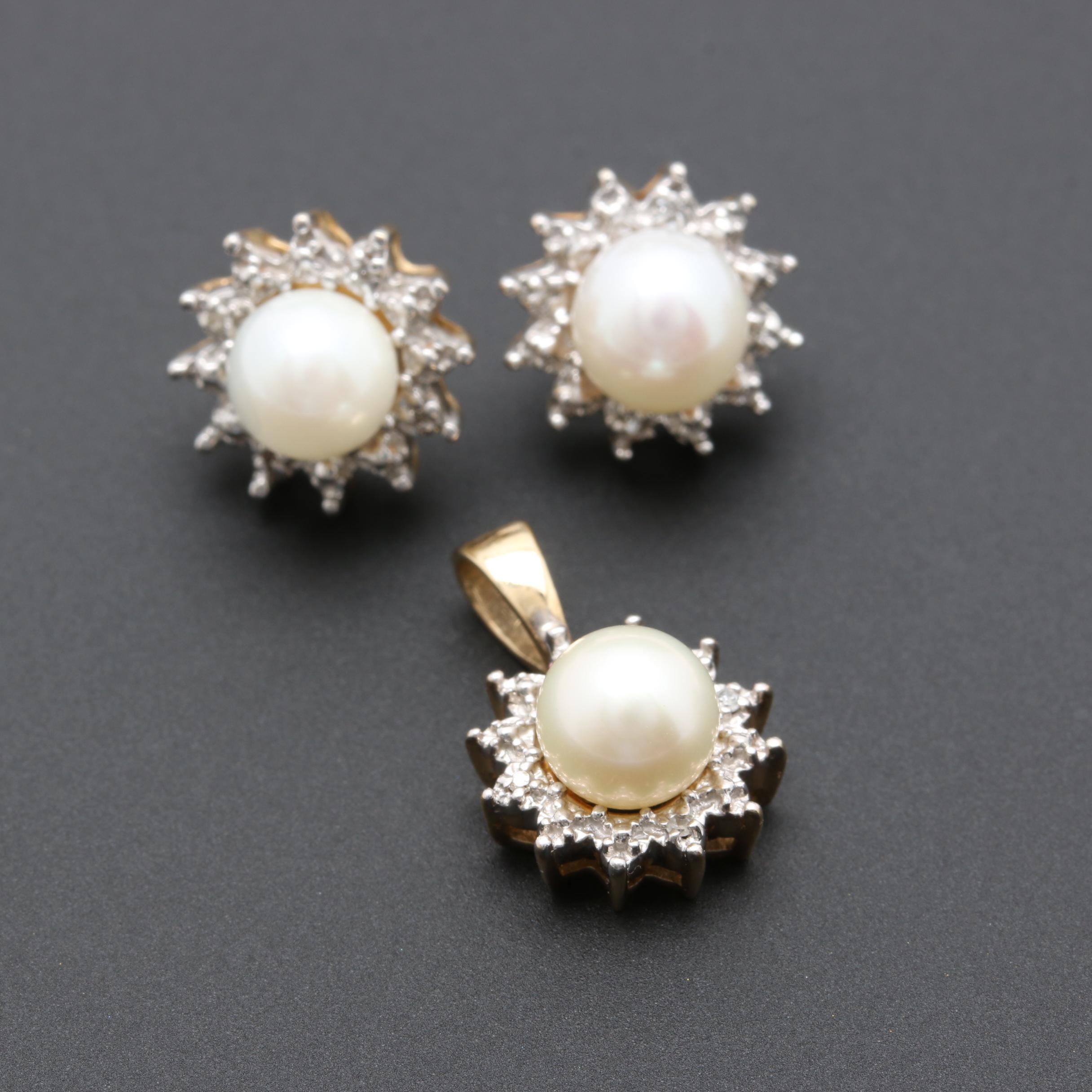 10K Yellow Gold Cultured Pearl and Diamond Earrings and Pendant Set