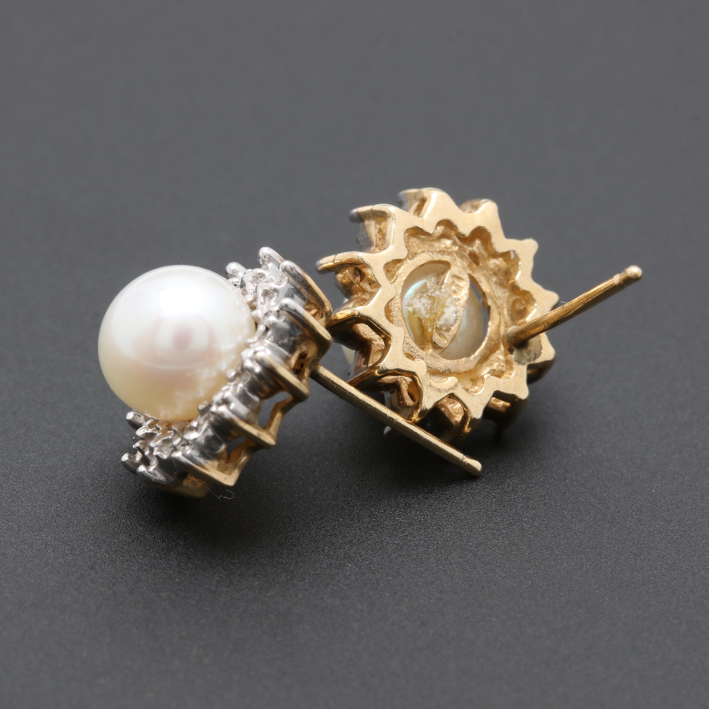 10K Yellow Gold Cultured Pearl and Diamond Earrings and Pendant Set