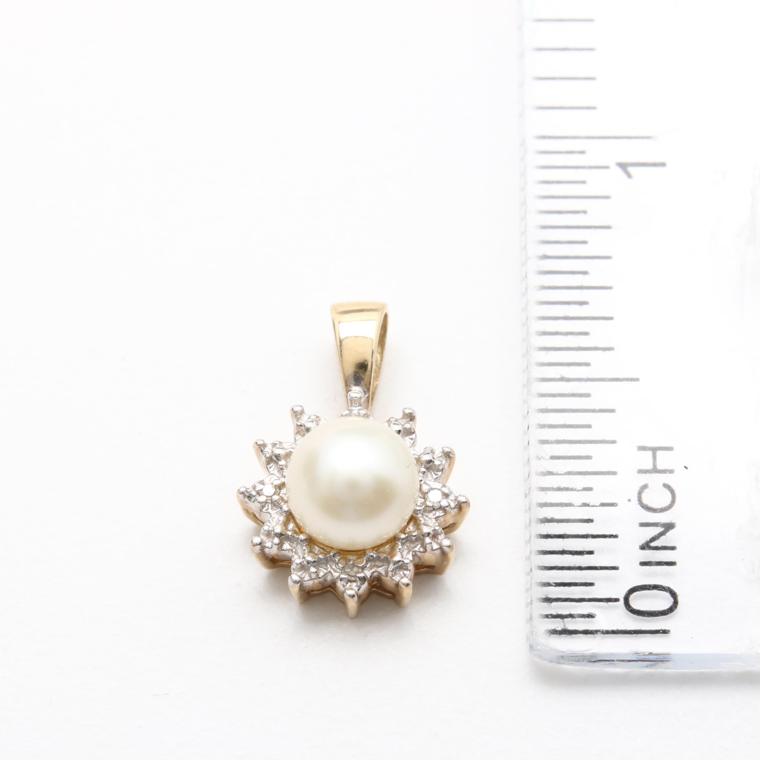 10K Yellow Gold Cultured Pearl and Diamond Earrings and Pendant Set