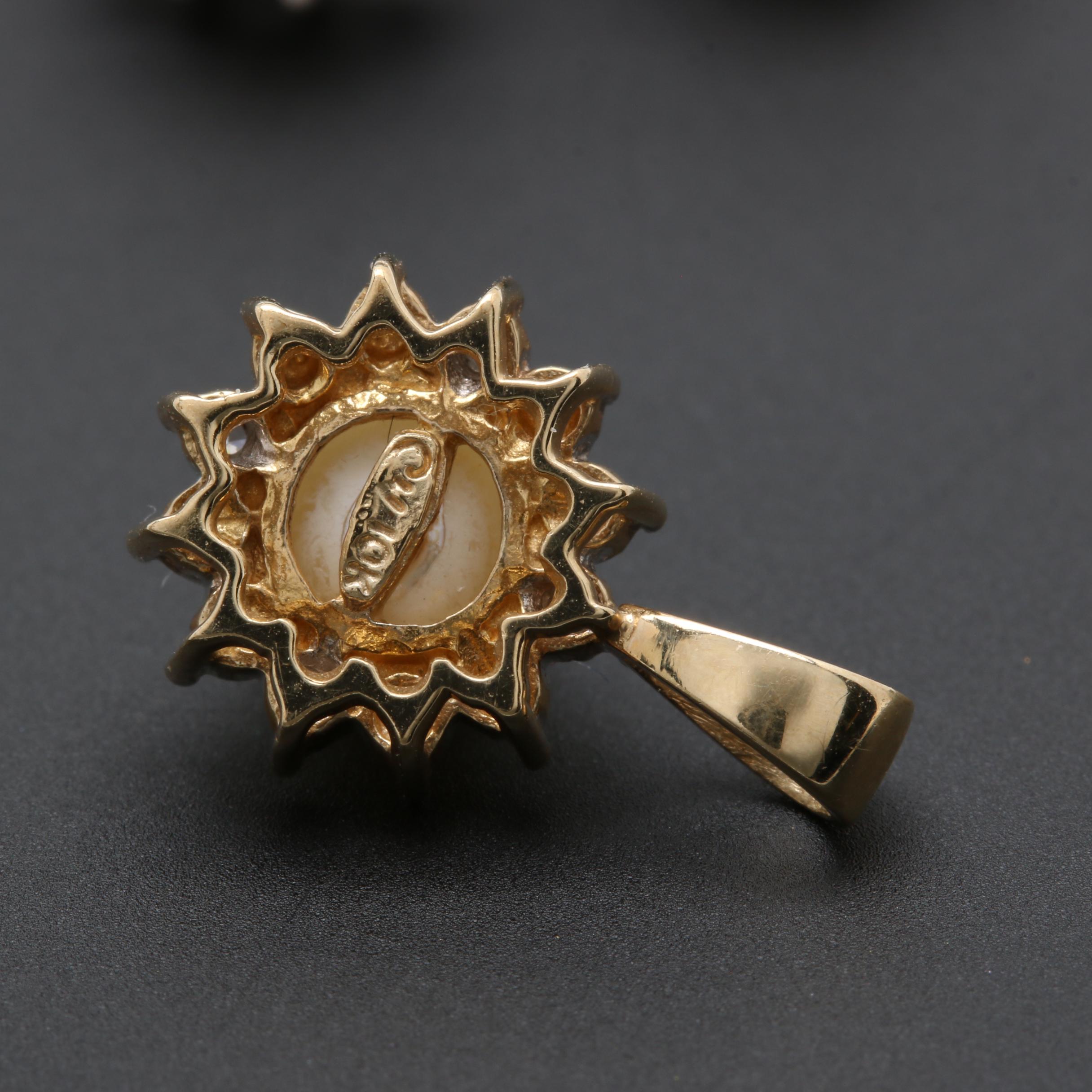 10K Yellow Gold Cultured Pearl and Diamond Earrings and Pendant Set