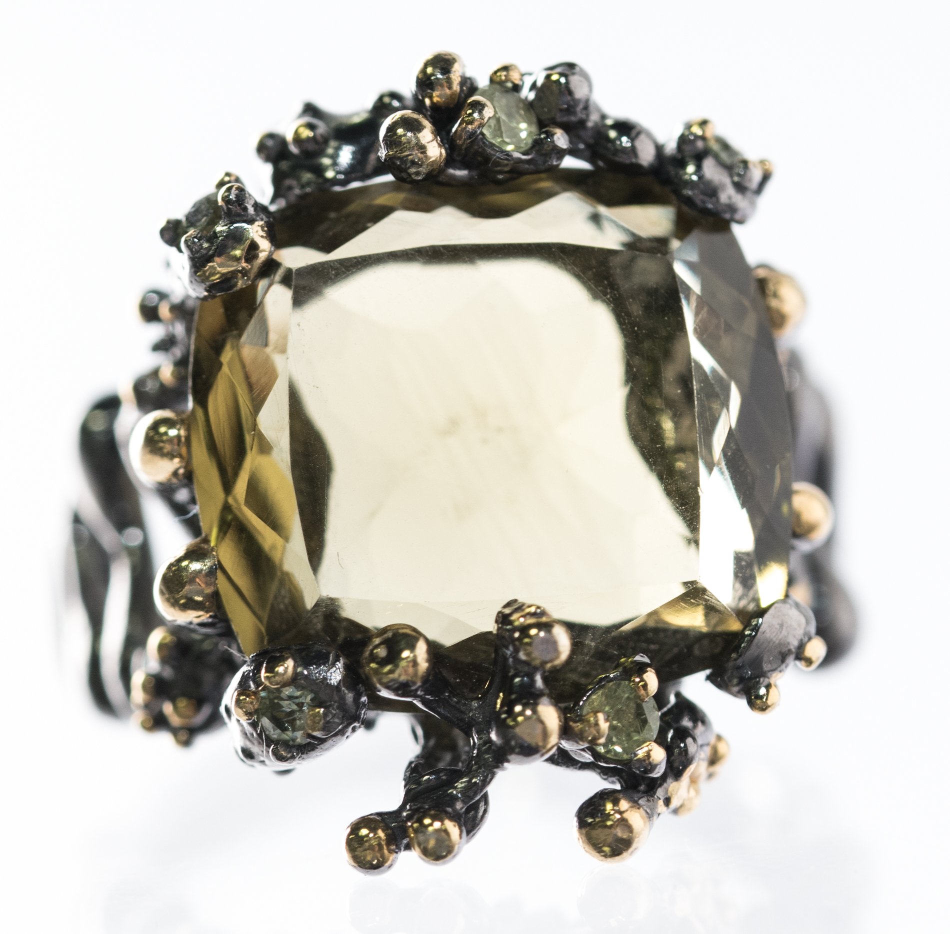 Oxidized Sterling Silver, 8.74 CT Green Quartz, and Peridot Ring