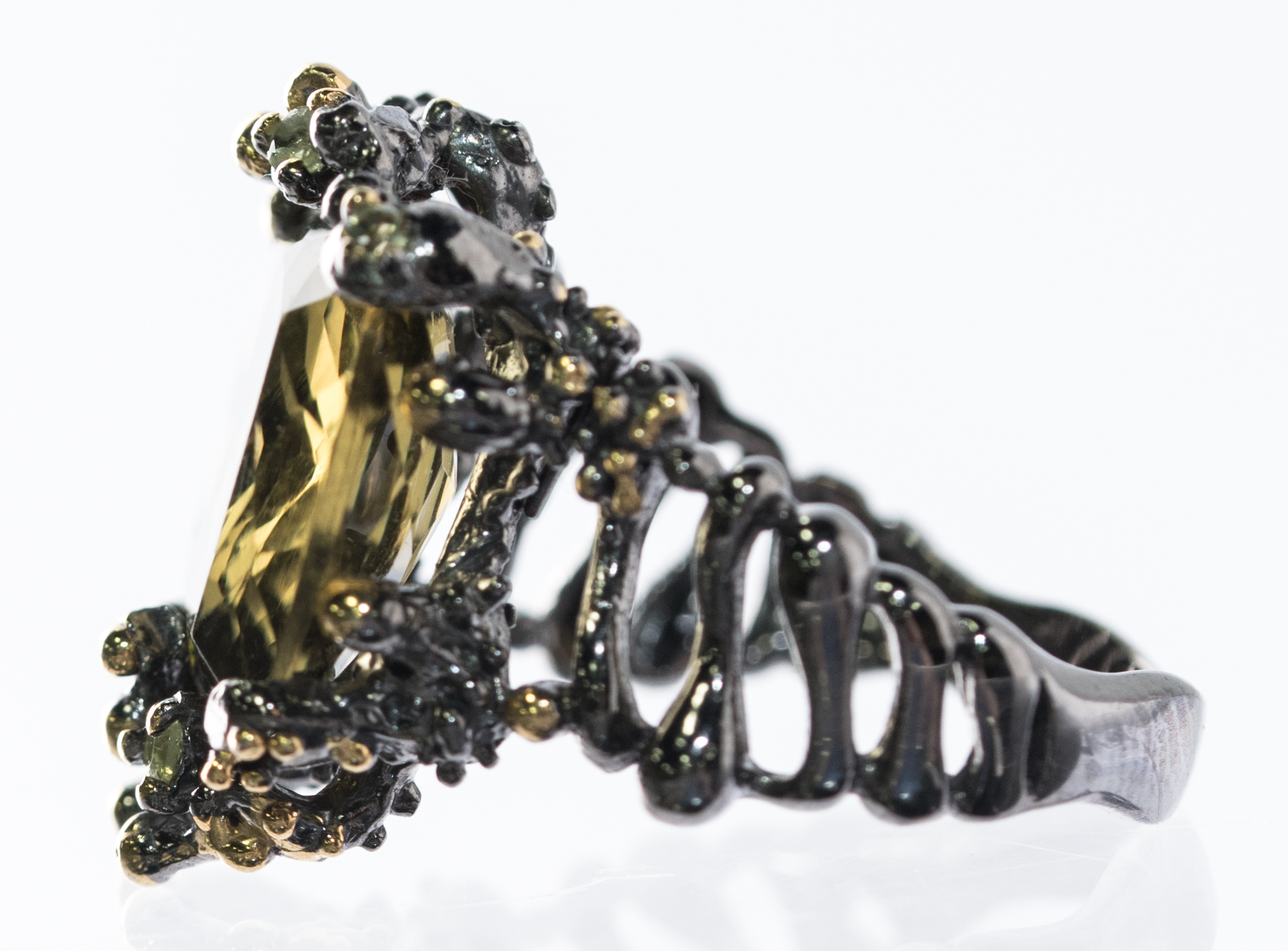 Oxidized Sterling Silver, 8.74 CT Green Quartz, and Peridot Ring